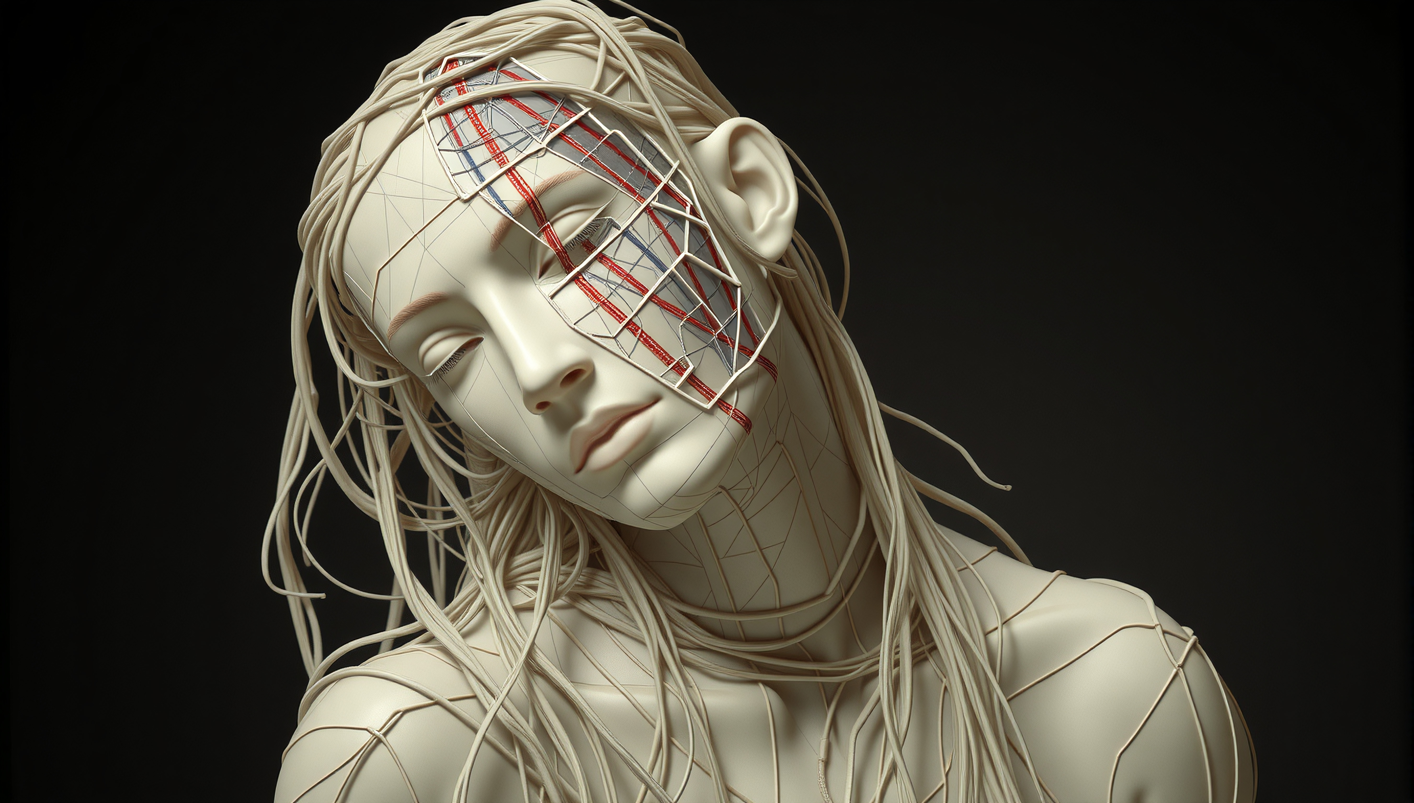 A sculpture blending human form and technology with intricate cables and geometric patterns.