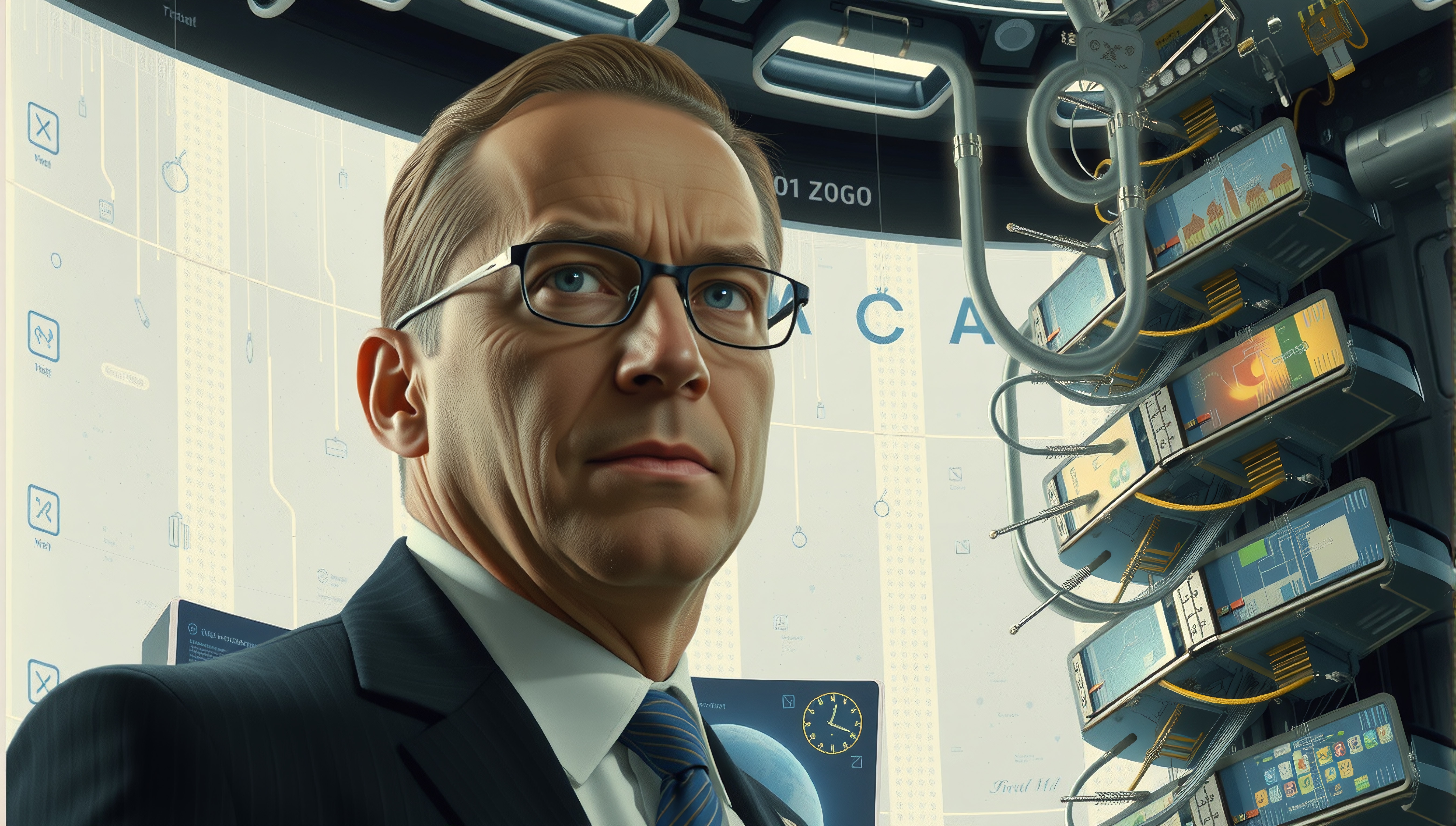 A serious man in a futuristic control room surrounded by advanced technology and data interfaces.