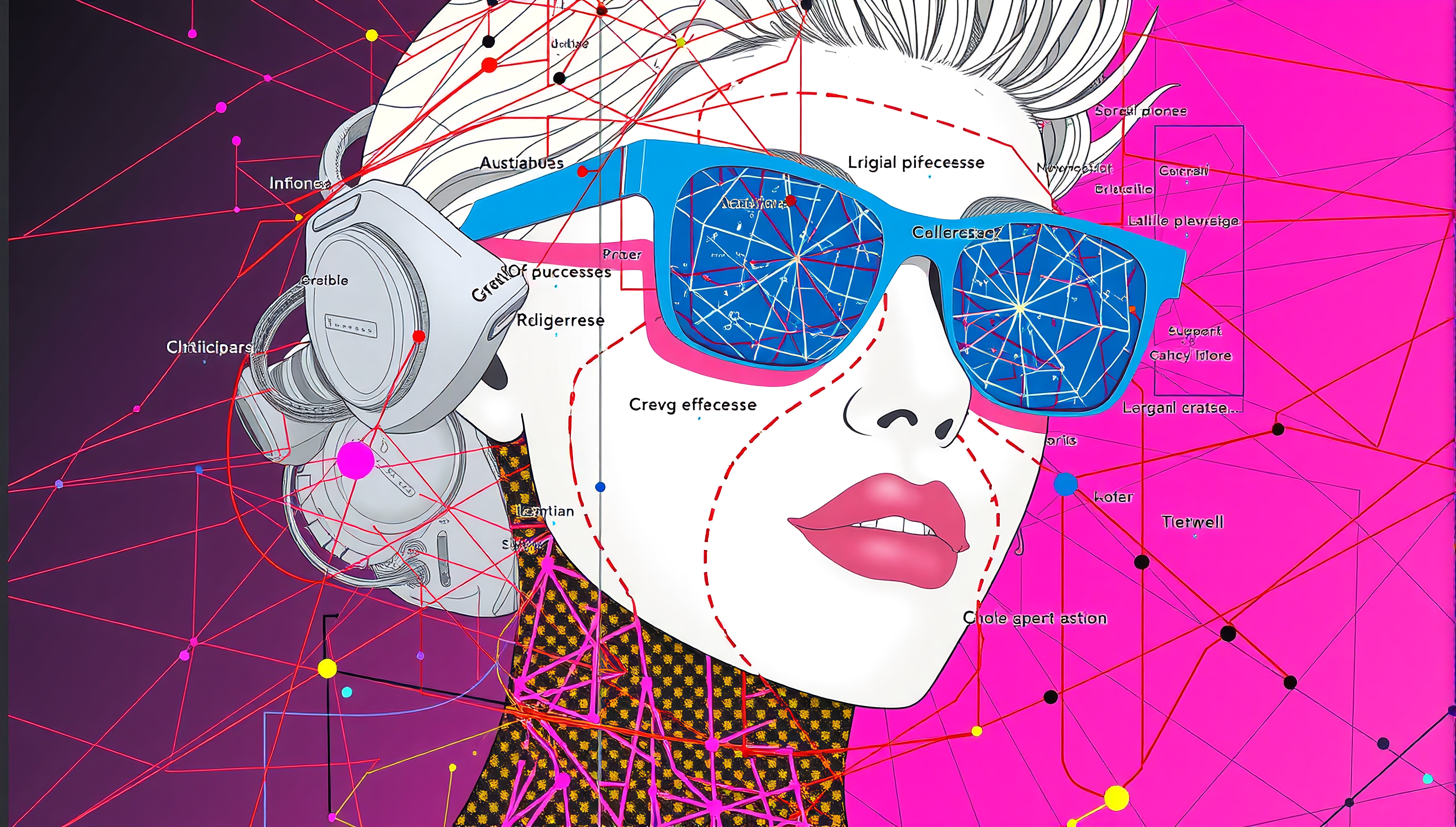 A vibrant pop art illustration featuring a stylish woman with futuristic sunglasses and headphones surrounded by a network of colorful lines and dots on a hot pink background.