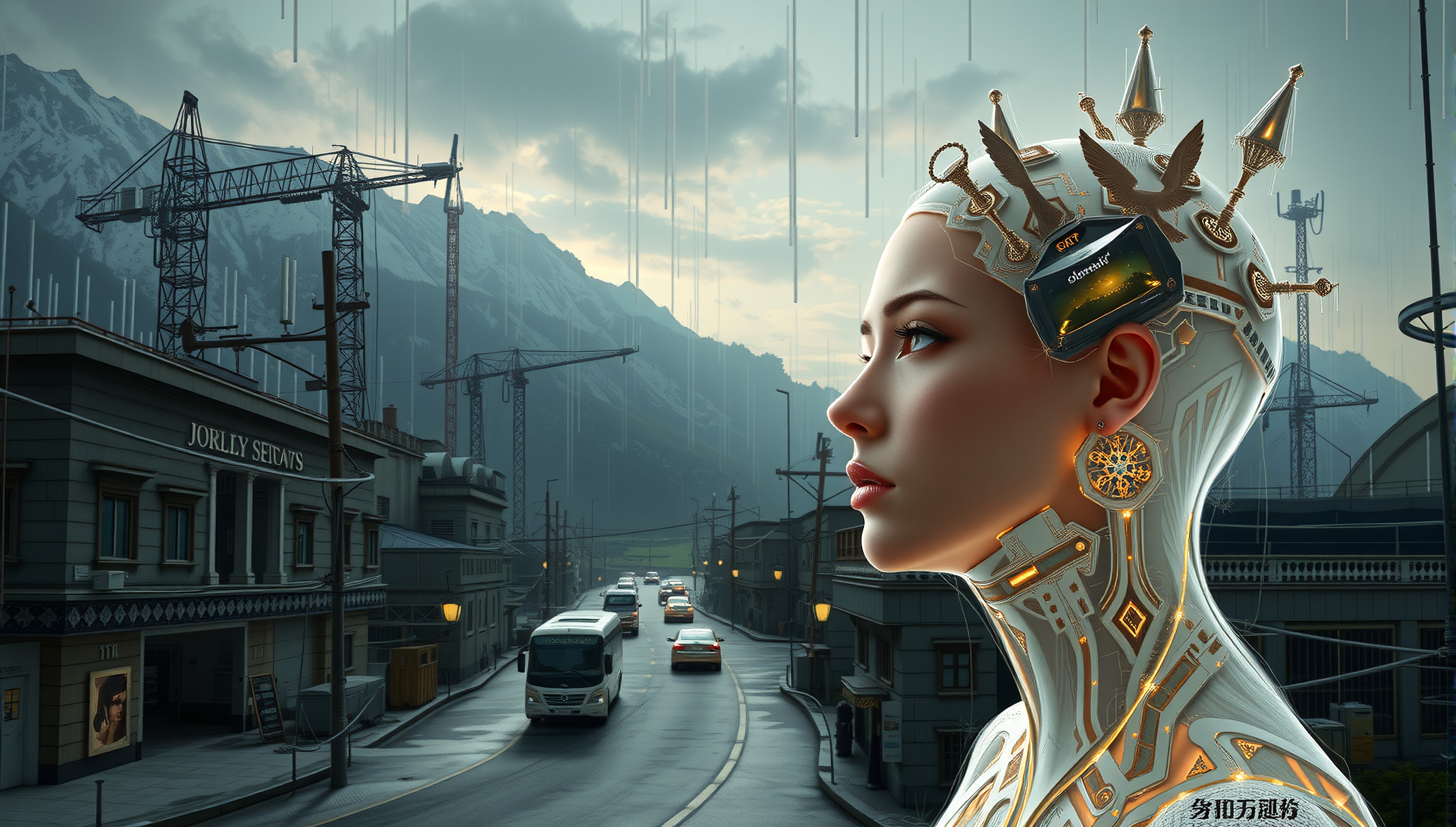 A futuristic humanoid adorned with metallic and gold embellishments stands against an urban cityscape with cranes and architecture.