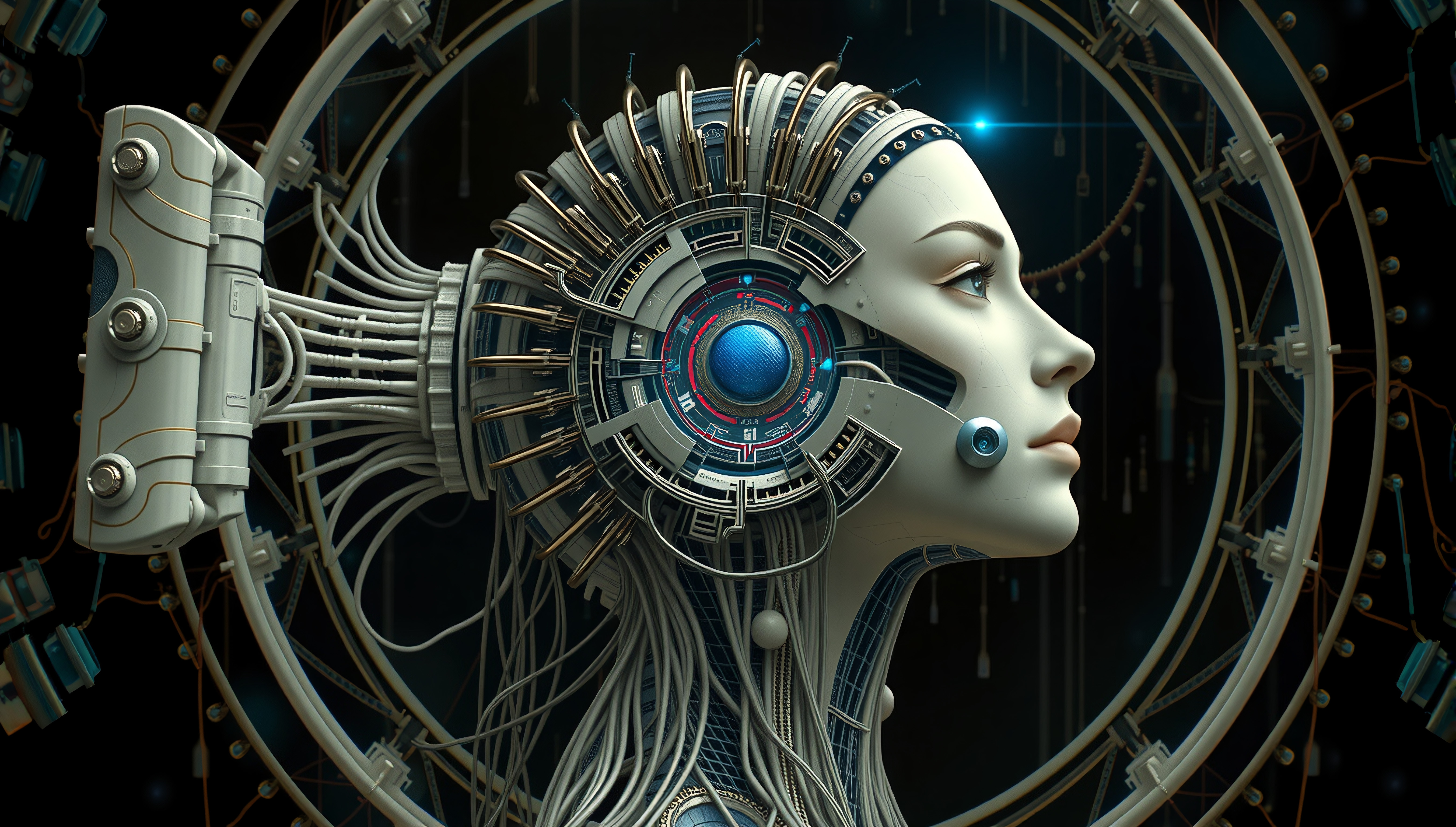 Futuristic female android with intricate cybernetic headgear and blue lights.