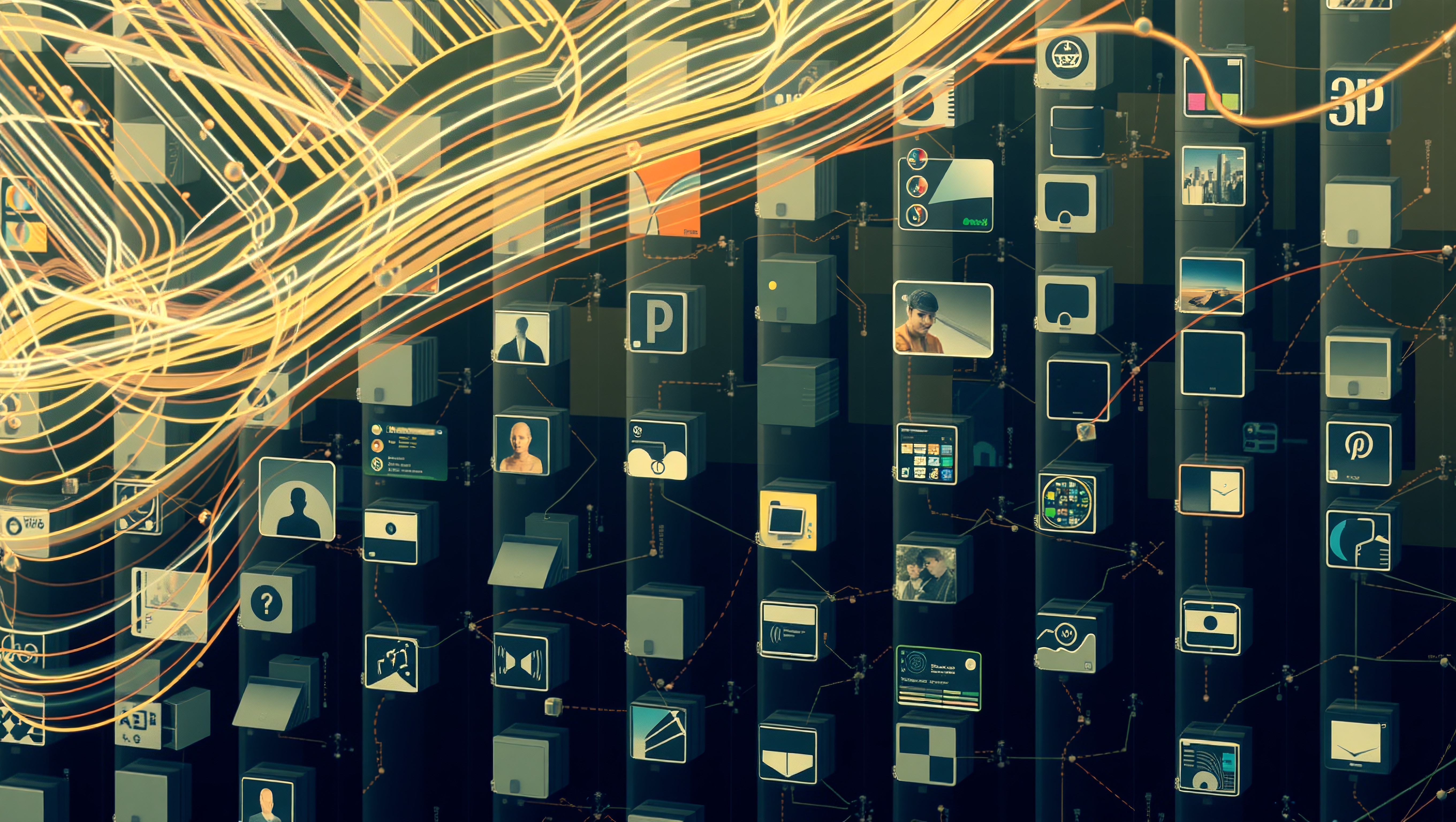 A futuristic digital network with interconnected data elements.