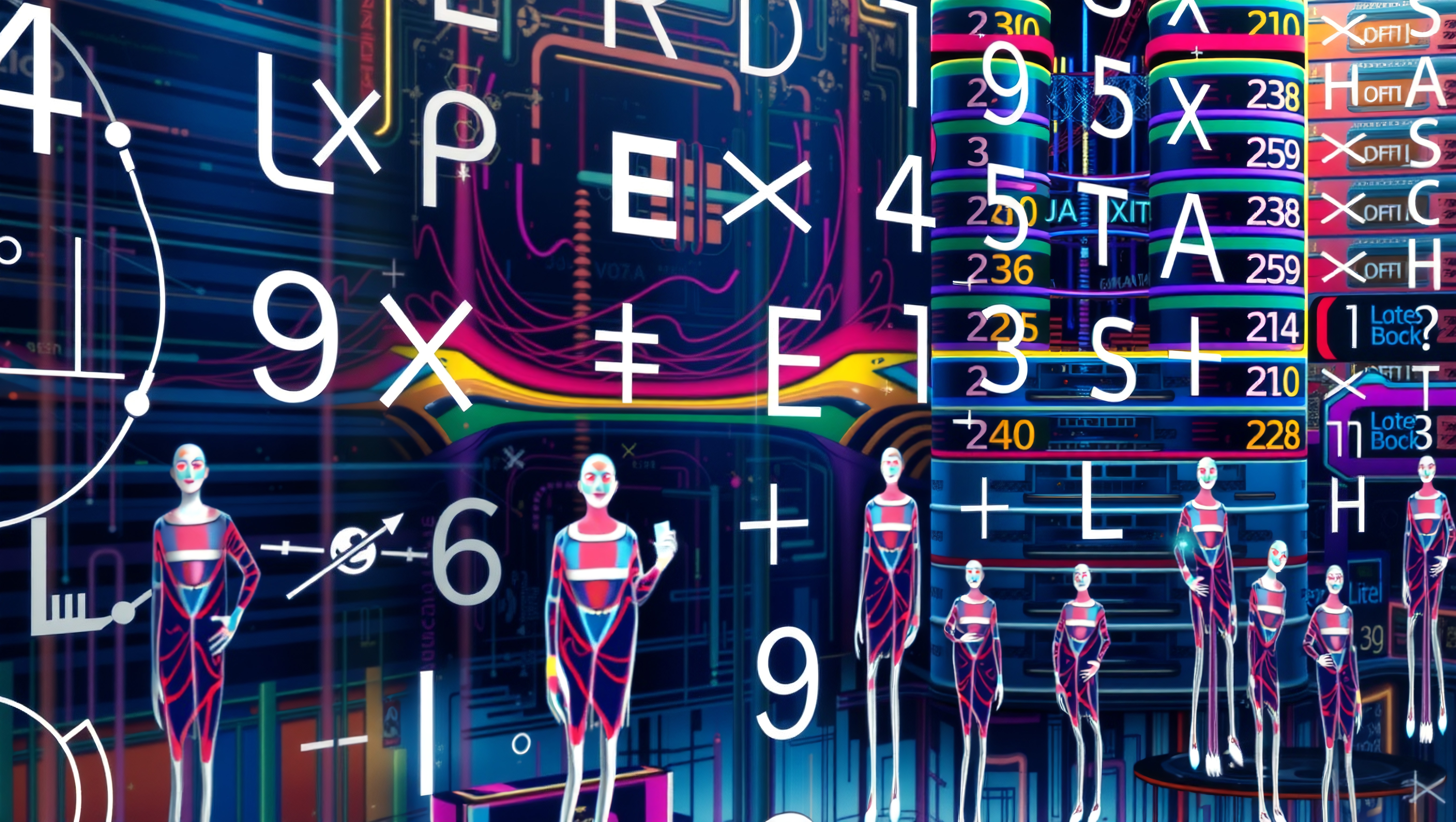 Futuristic neon-themed abstract matrix showcasing humanoid figures and symbols in a digital setting.