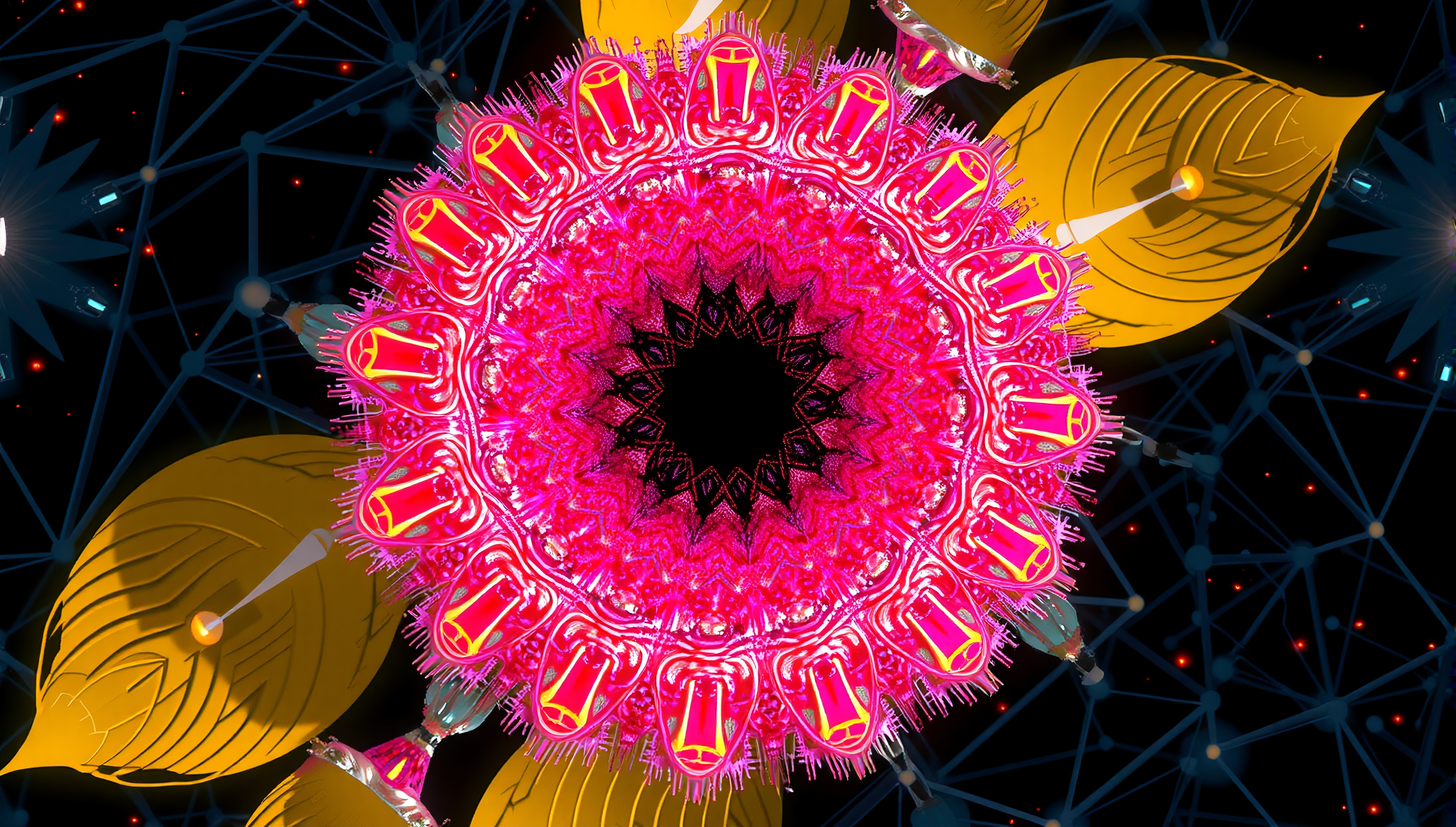 Vibrant kaleidoscopic abstract with pink and gold elements.