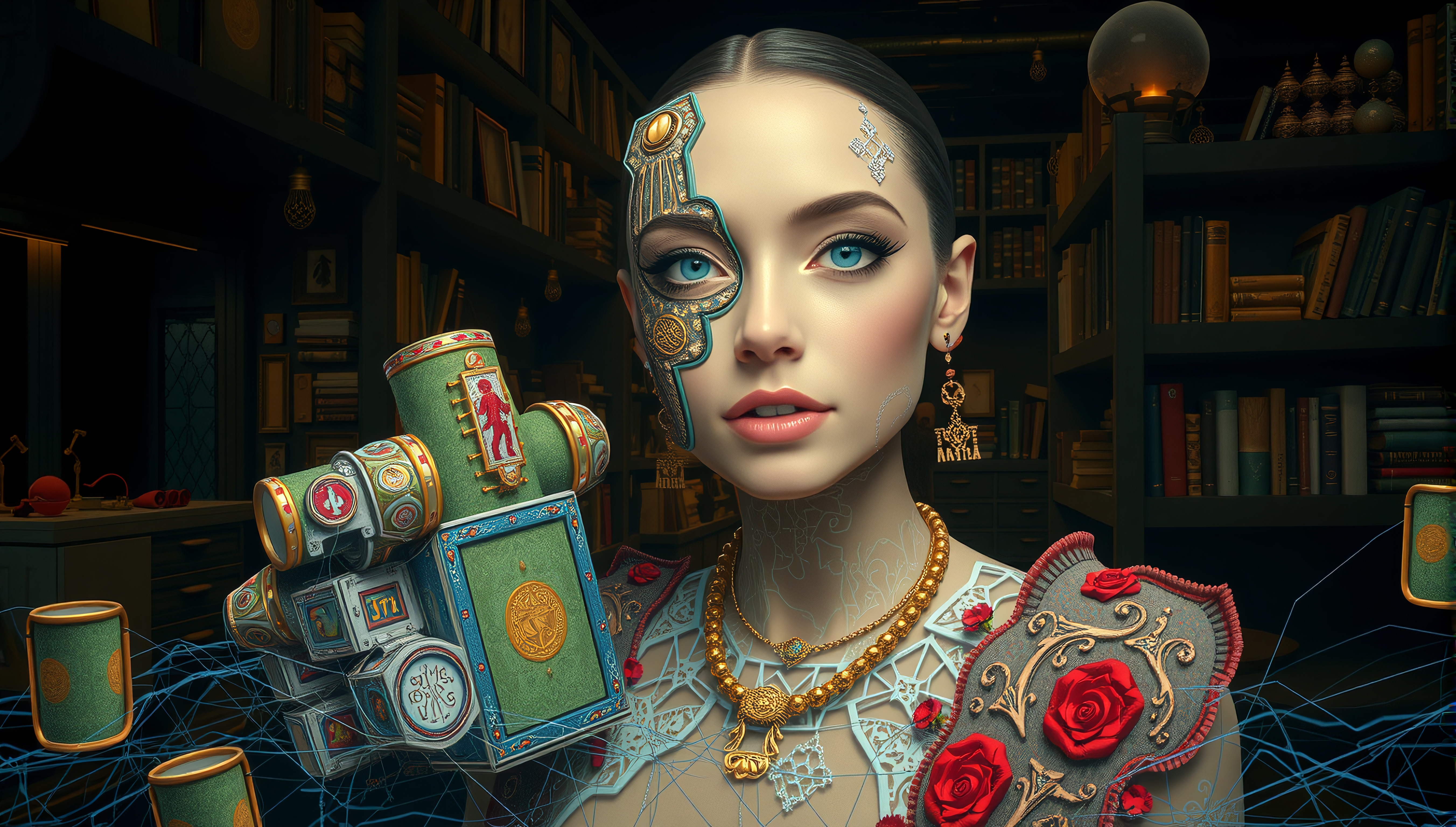 Steampunk-inspired woman holding advanced mechanical device in ornate library.