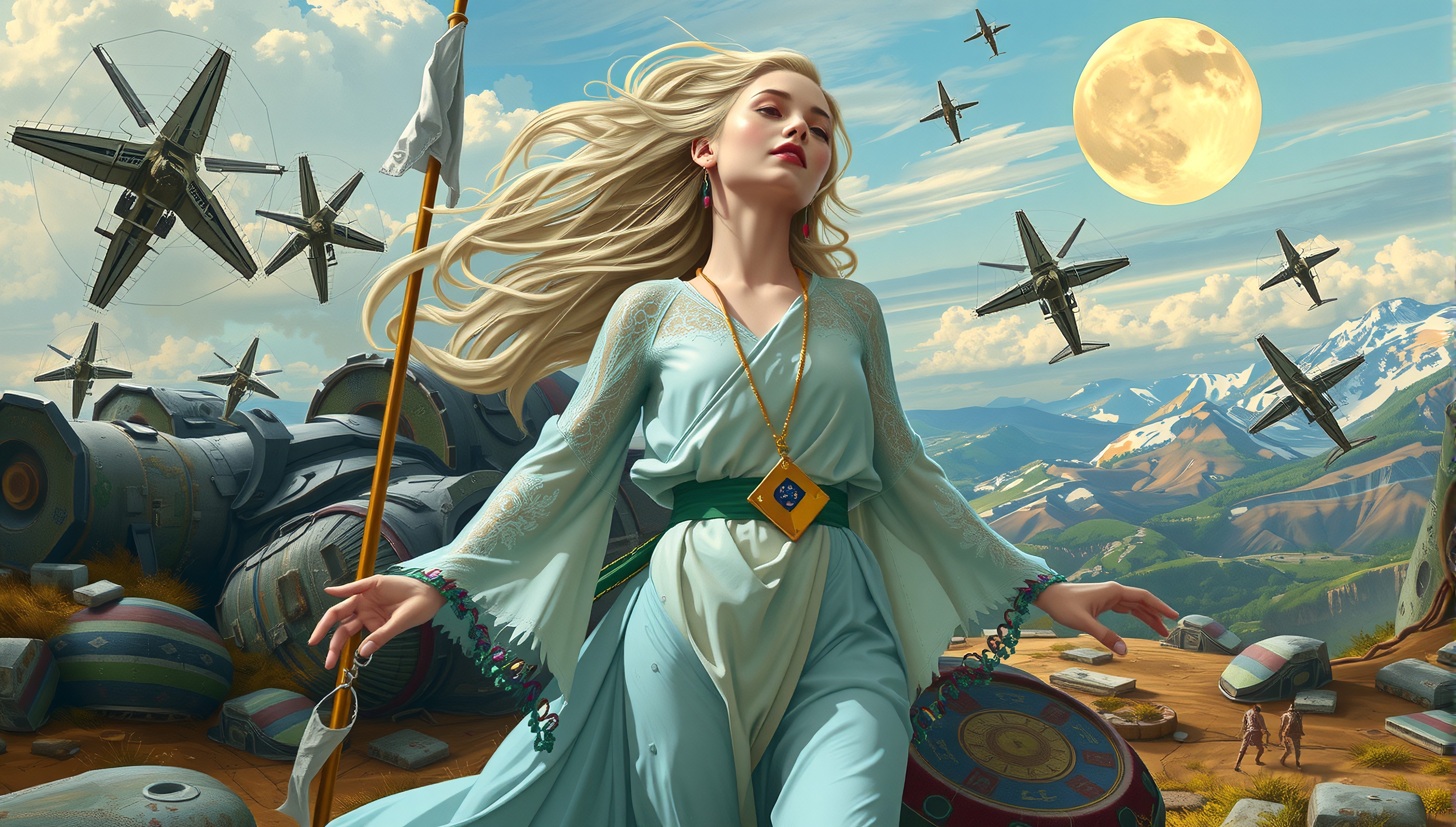 A woman in a flowing blue dress stands among futuristic debris with flying aircraft and a mountainous backdrop.