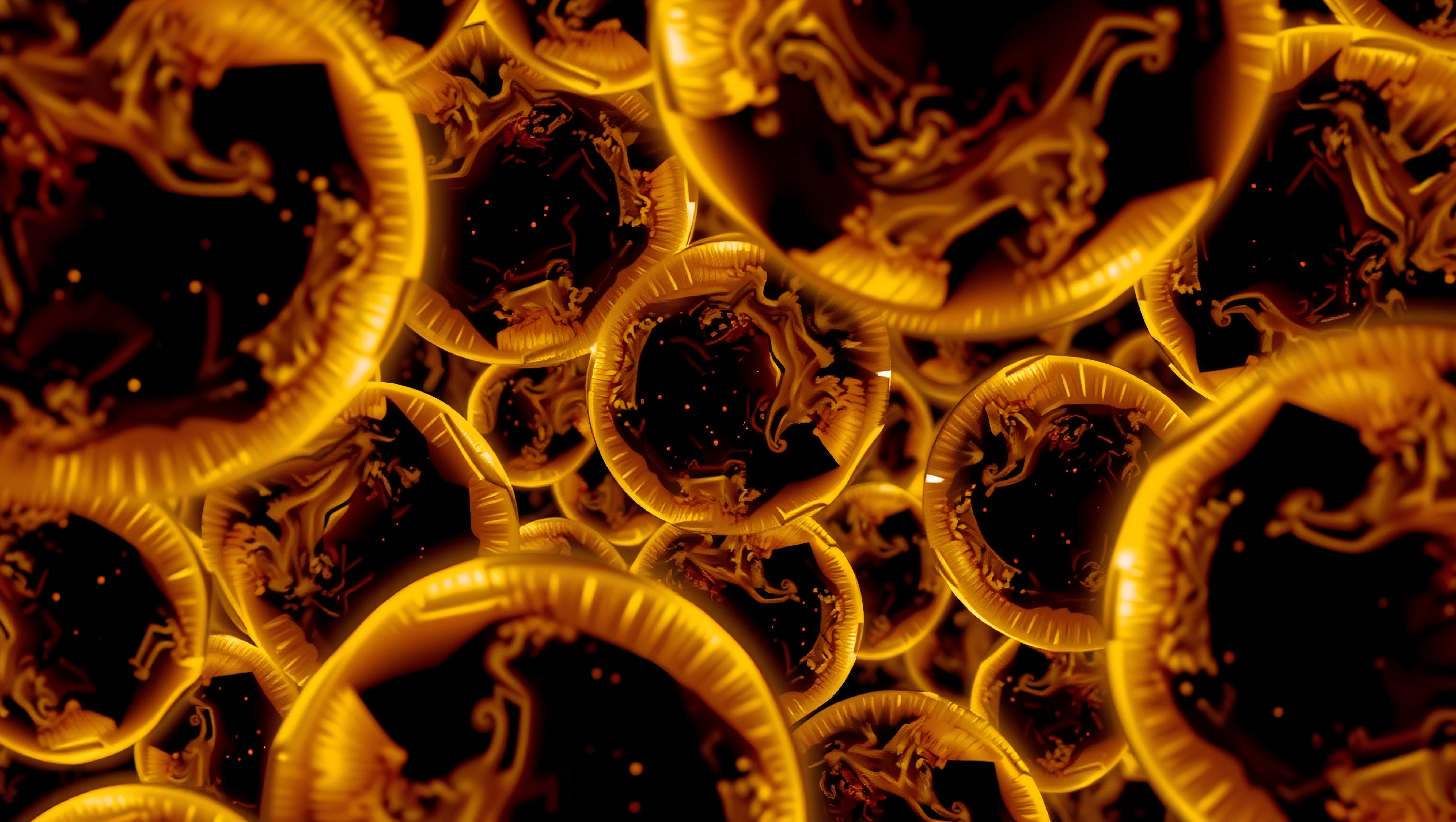 Abstract golden floating orbs in cosmic darkness, perfect for backgrounds, wallpapers, sci-fi concepts, fantasy designs, and visual effects projects.