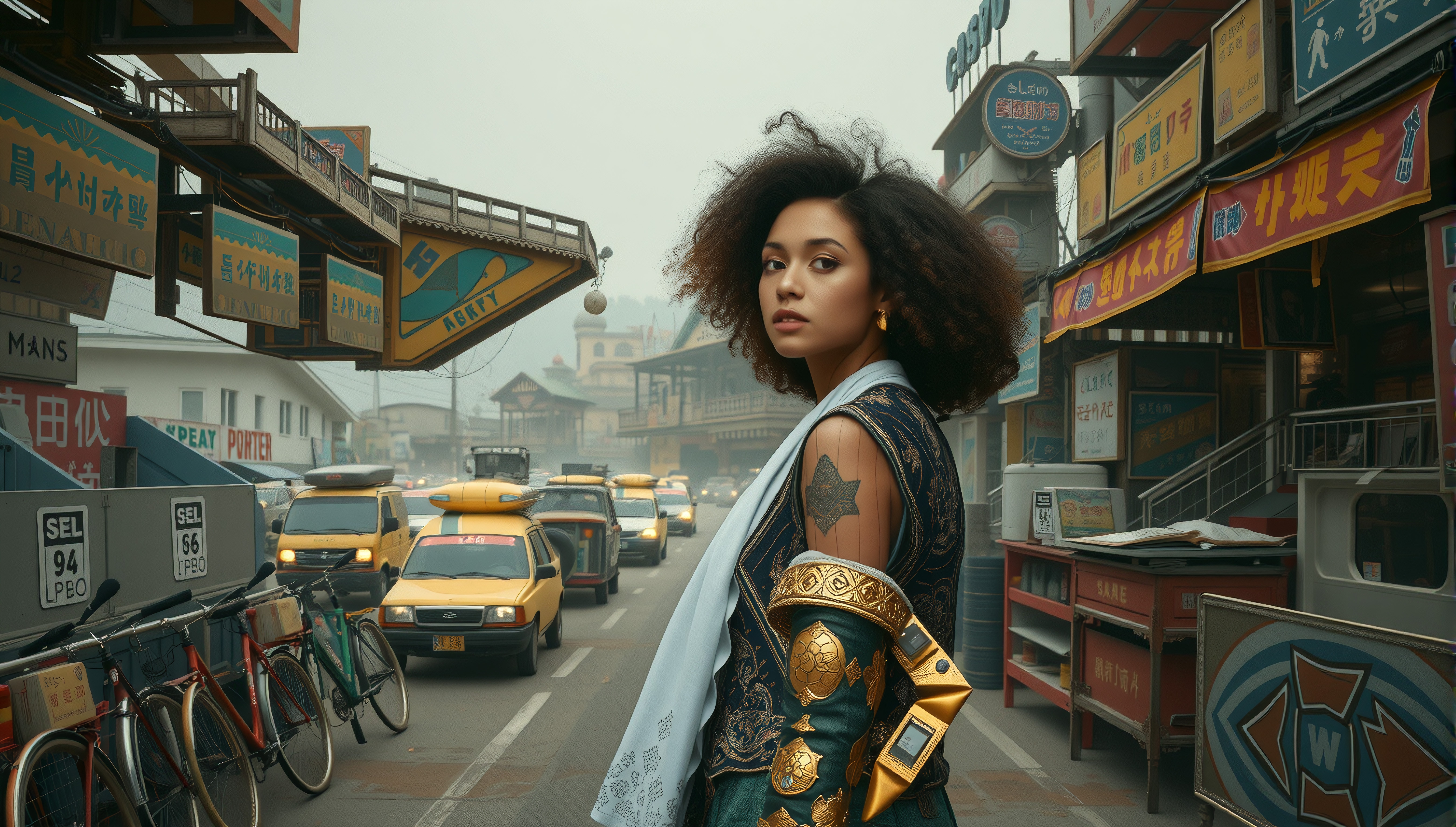 A woman in ornate fashion stands on a lively city street with vibrant signs and taxis.