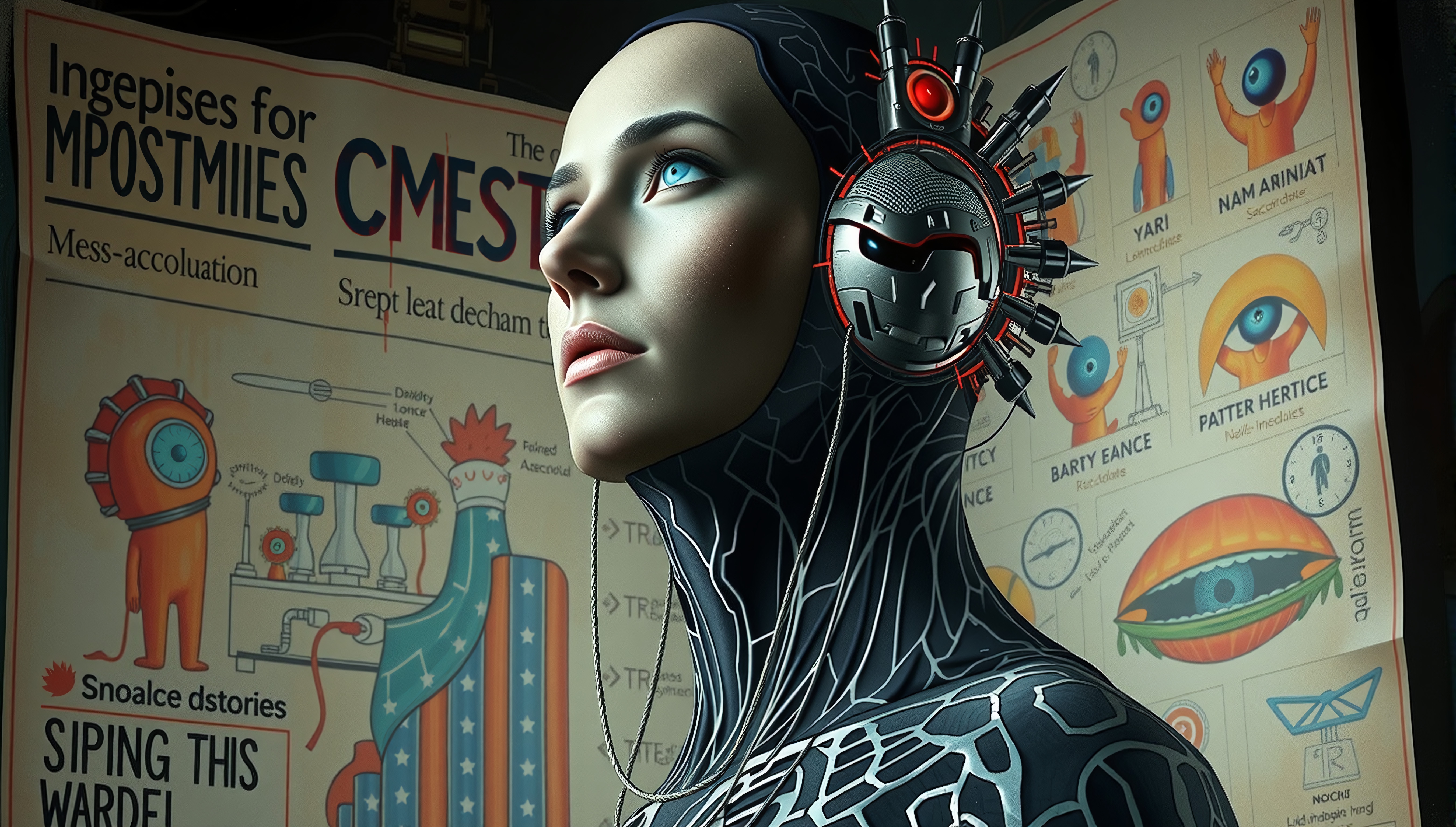 A futuristic humanoid with a digital helmet gazes ahead alongside a surreal, colorful poster.