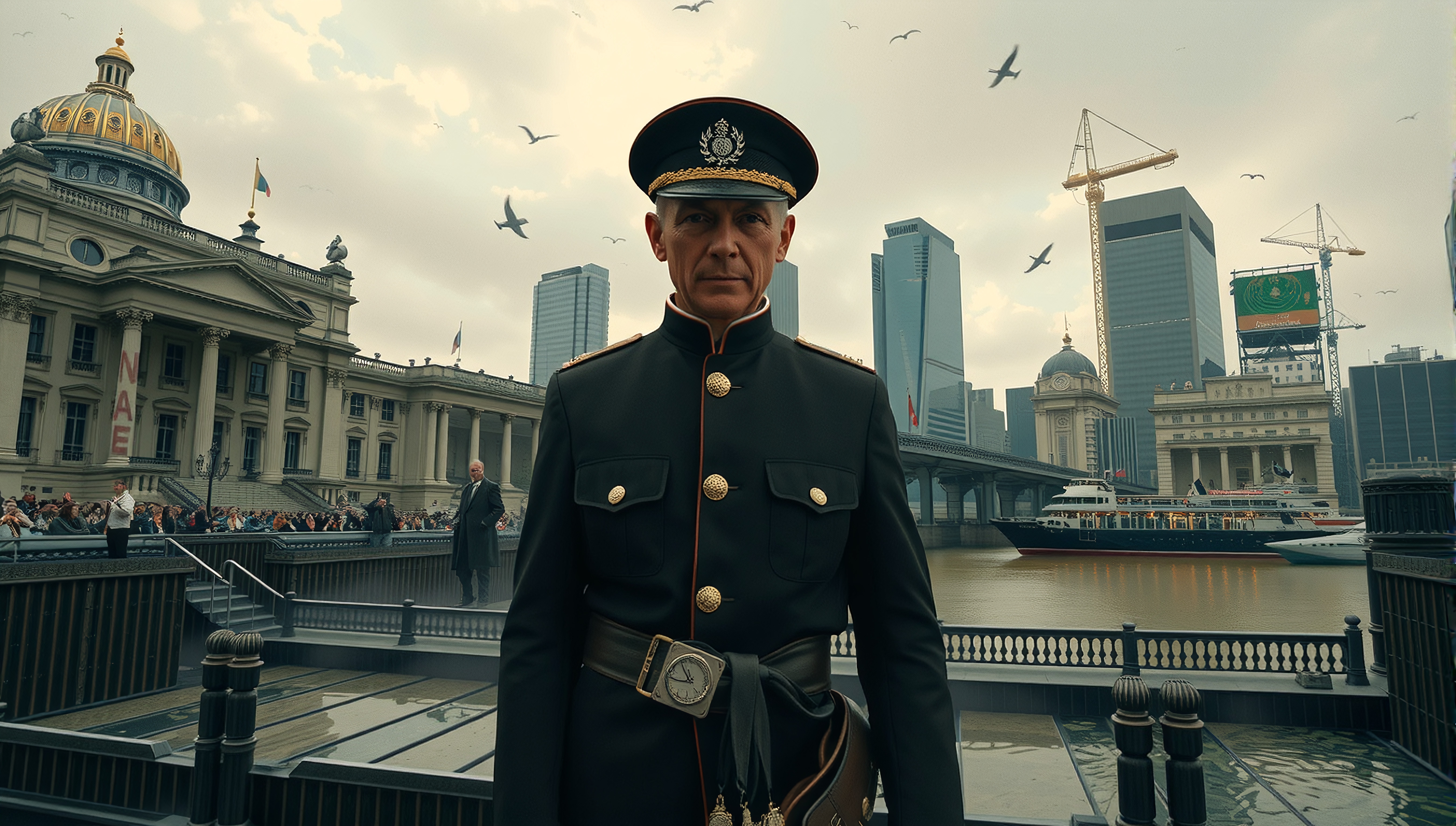 Officer in military uniform overlooking cityscape, blending classical and modern architecture.