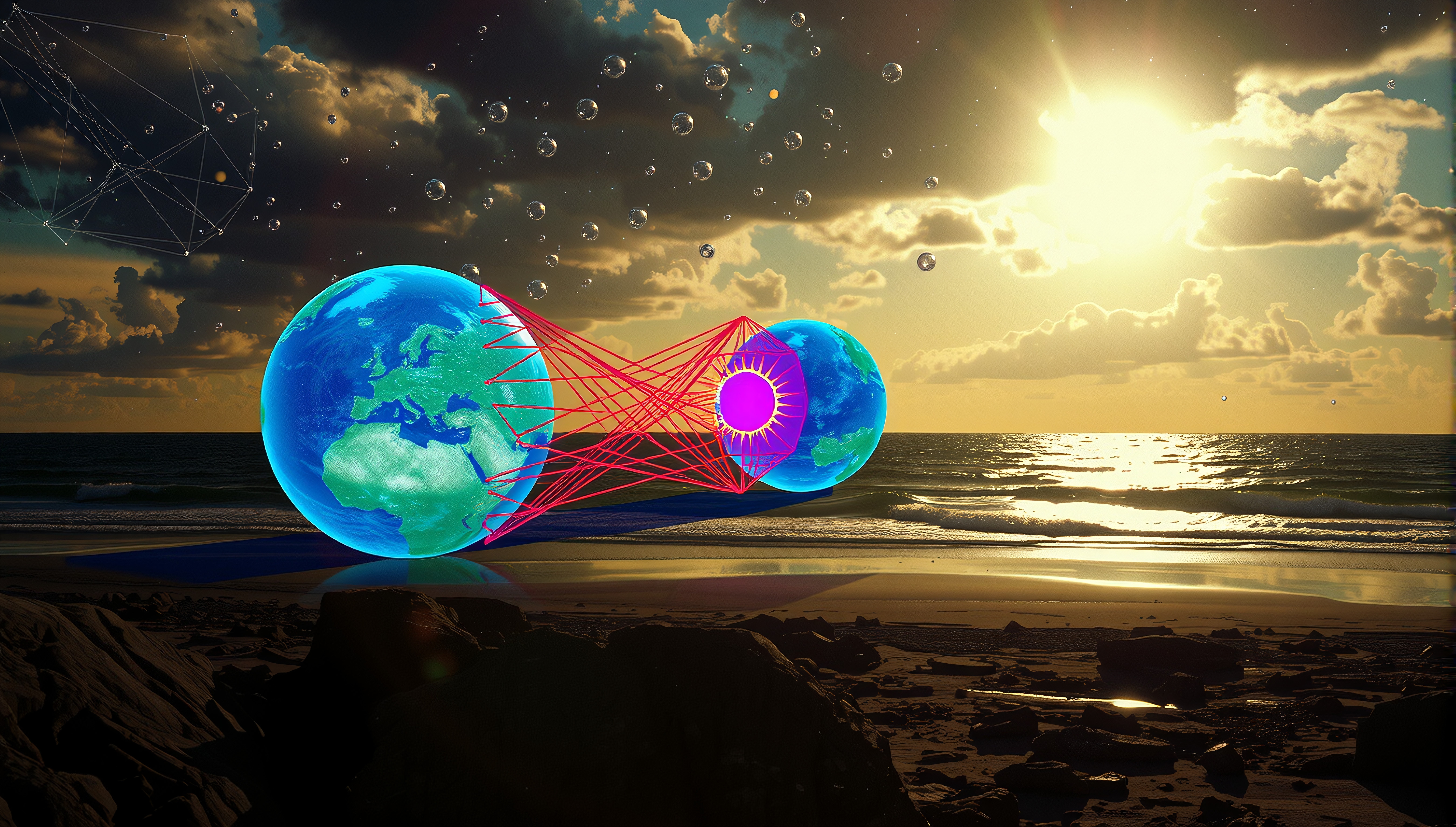 Surreal image of two Earth-like planets connected by red lines above a beach with a dramatic sky and floating bubbles.