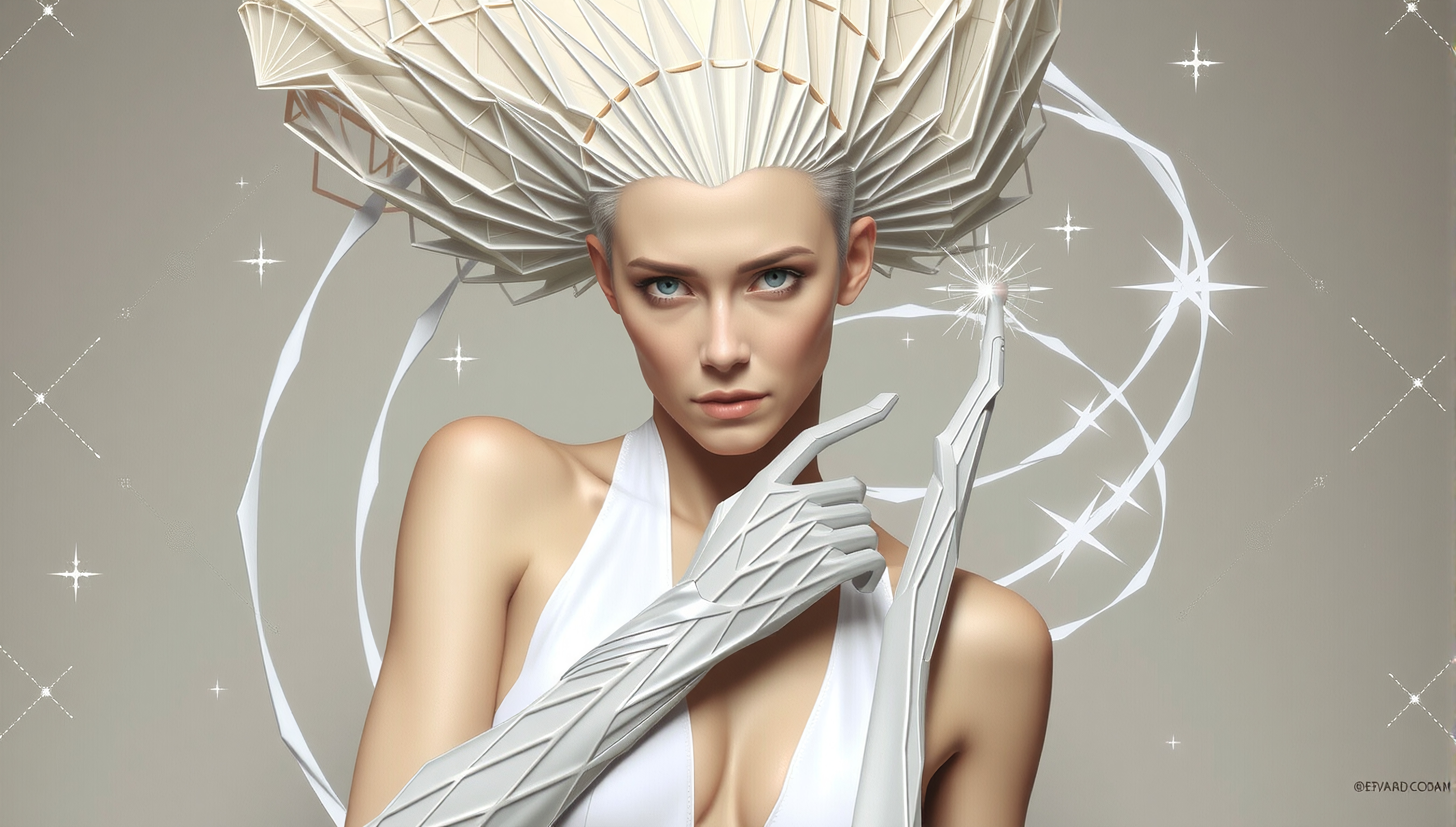 Futuristic woman with geometric hair and celestial aura.