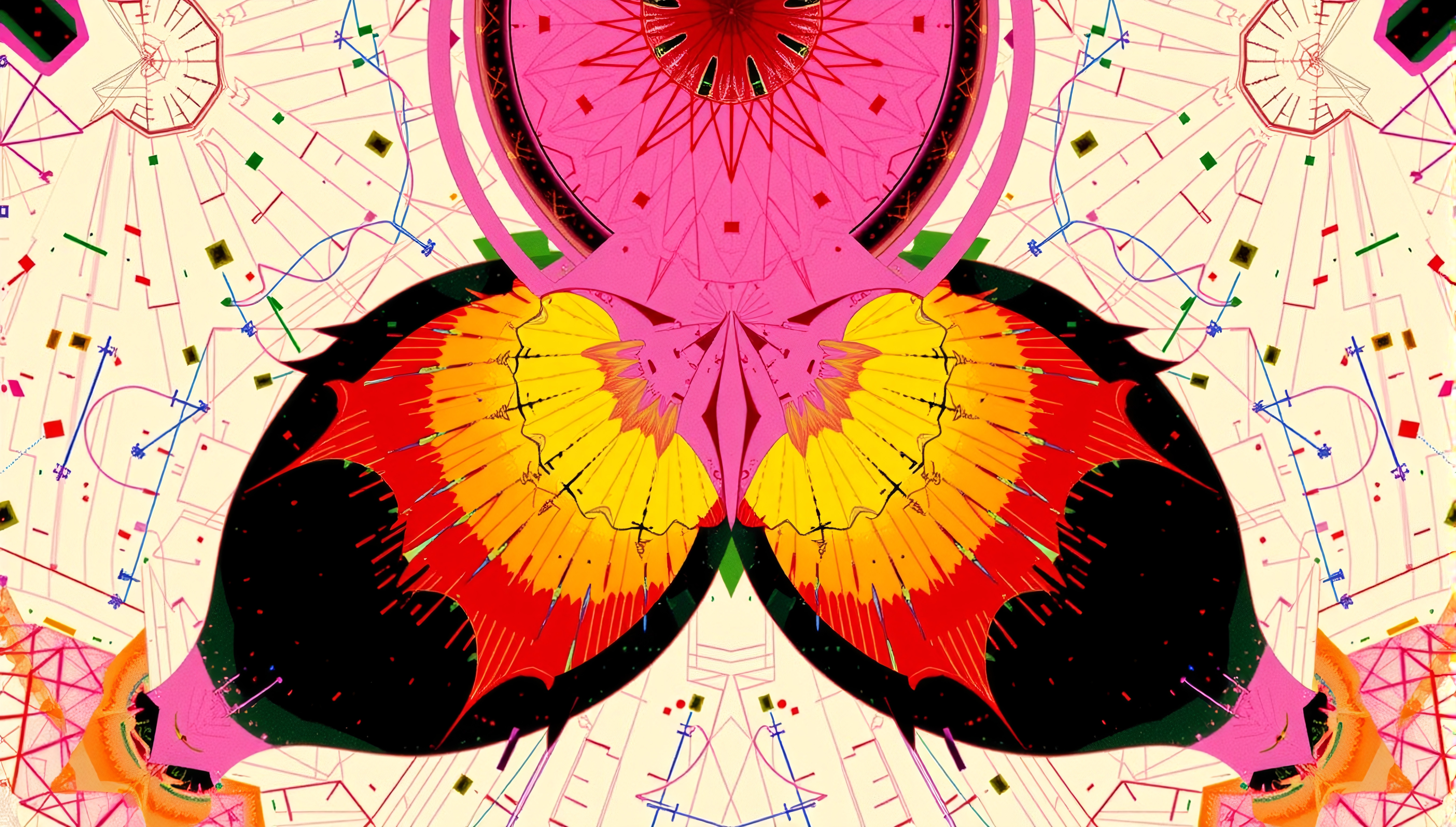 Abstract geometric artwork with vibrant symmetrical design, featuring colorful butterfly-like patterns and intricate shapes.