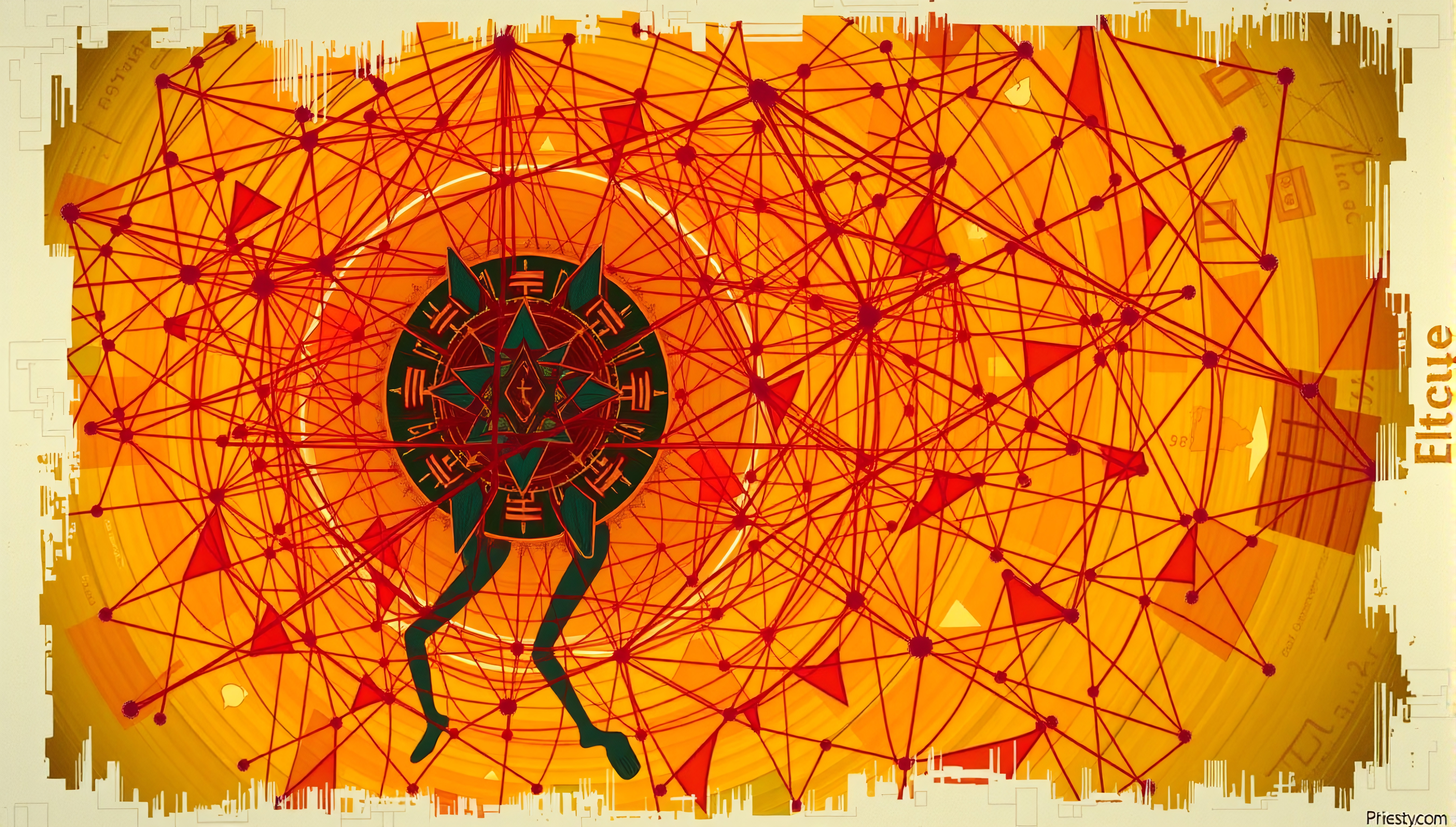 Vibrant abstract design with geometric mandala and red lines.