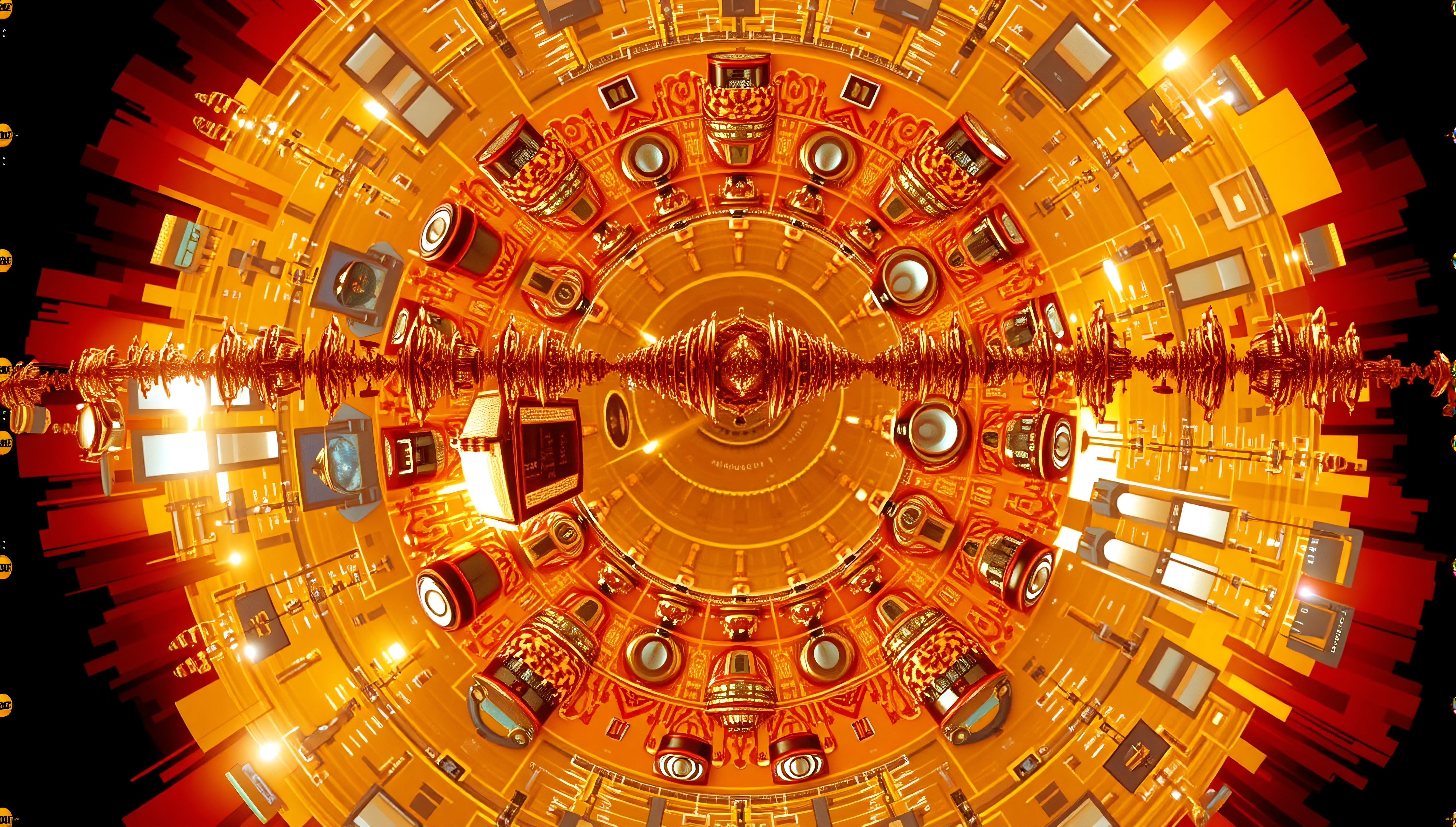 Abstract digital artwork featuring intricate mechanical design in orange and gold, highlighting advanced futuristic technology.