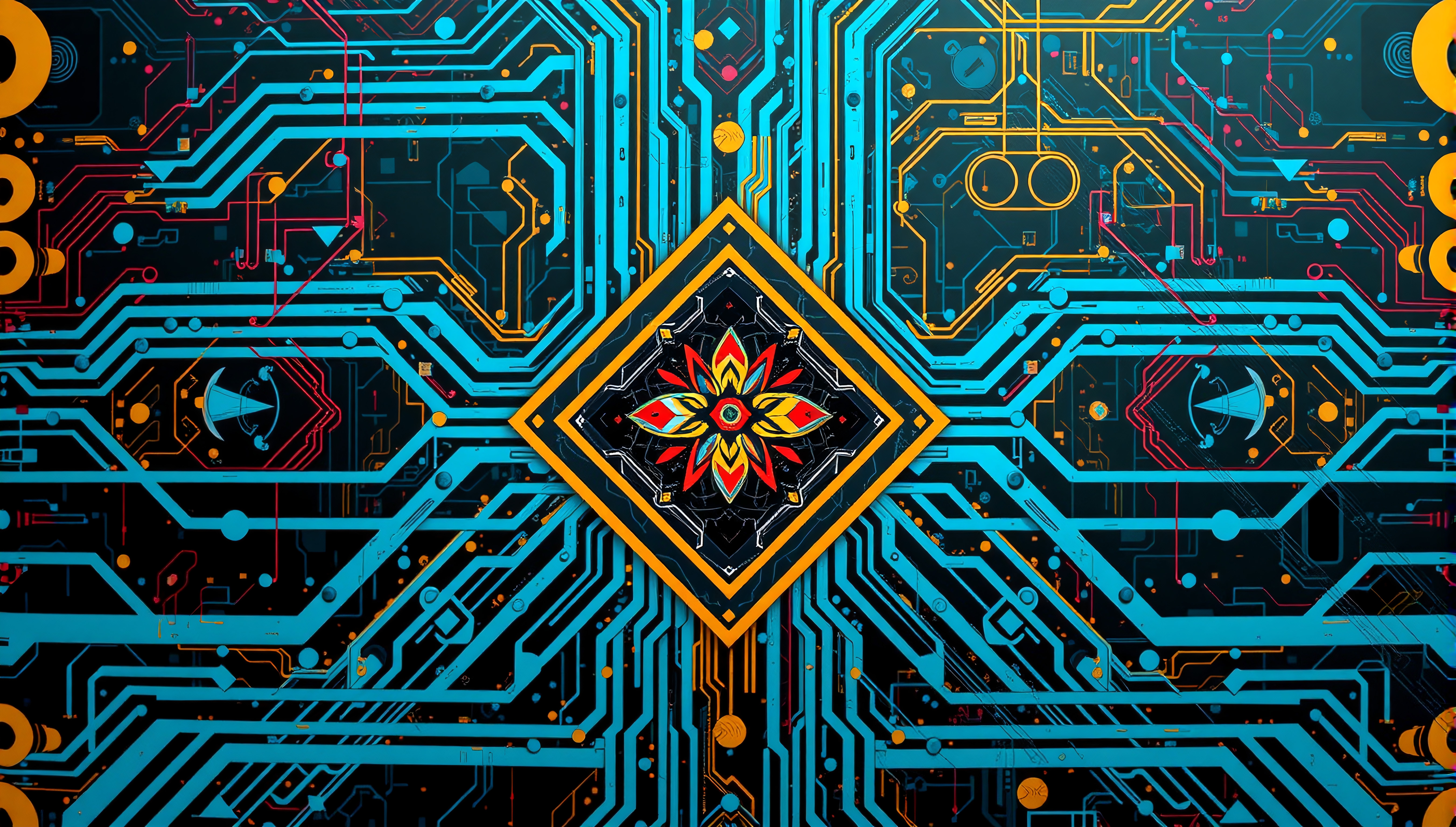 Abstract digital artwork resembling a circuit board with a central geometric floral motif.
