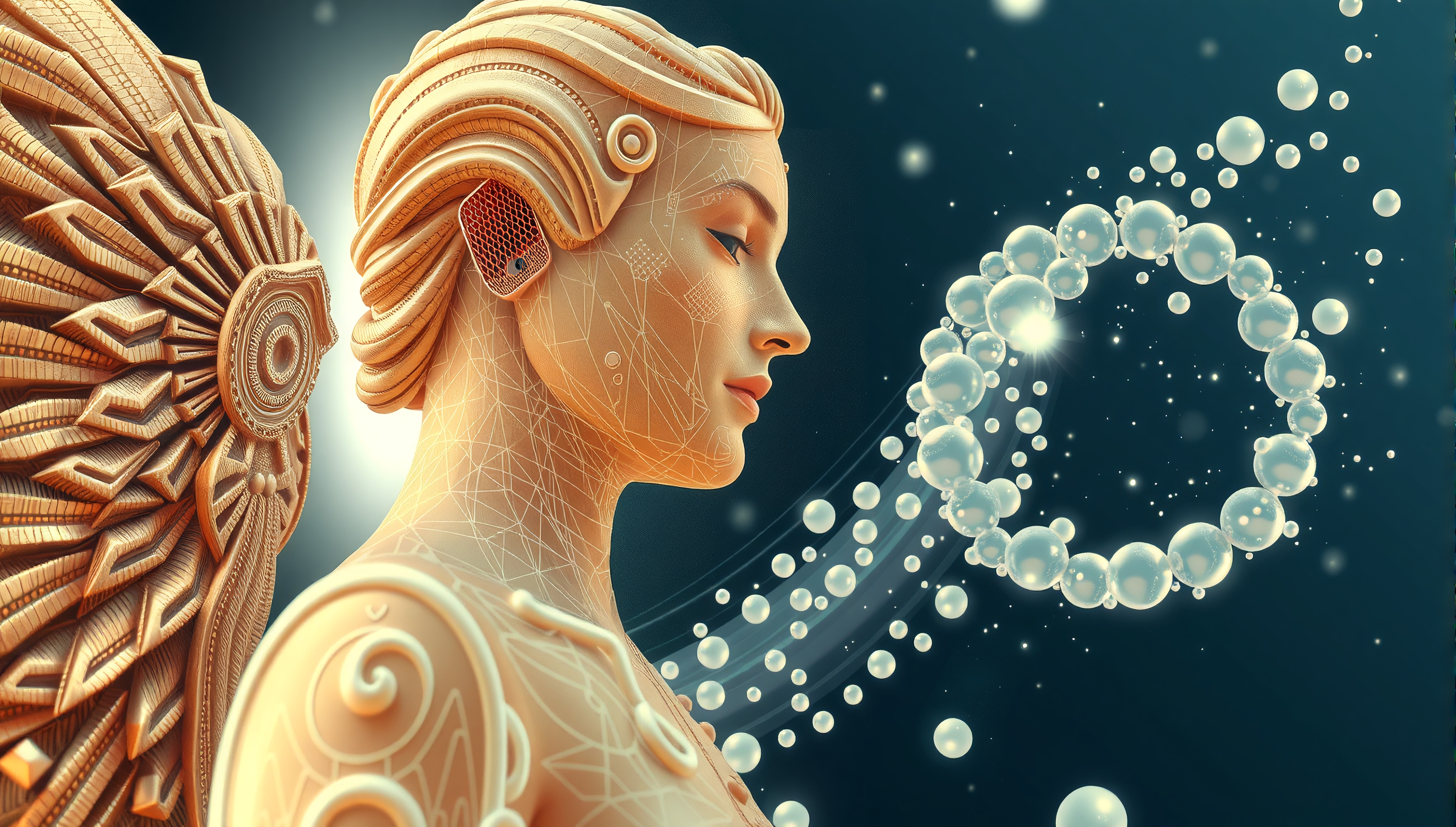 Futuristic digital artwork of a serene woman with abstract wings and floating bubbles, blending organic and mechanical design elements.