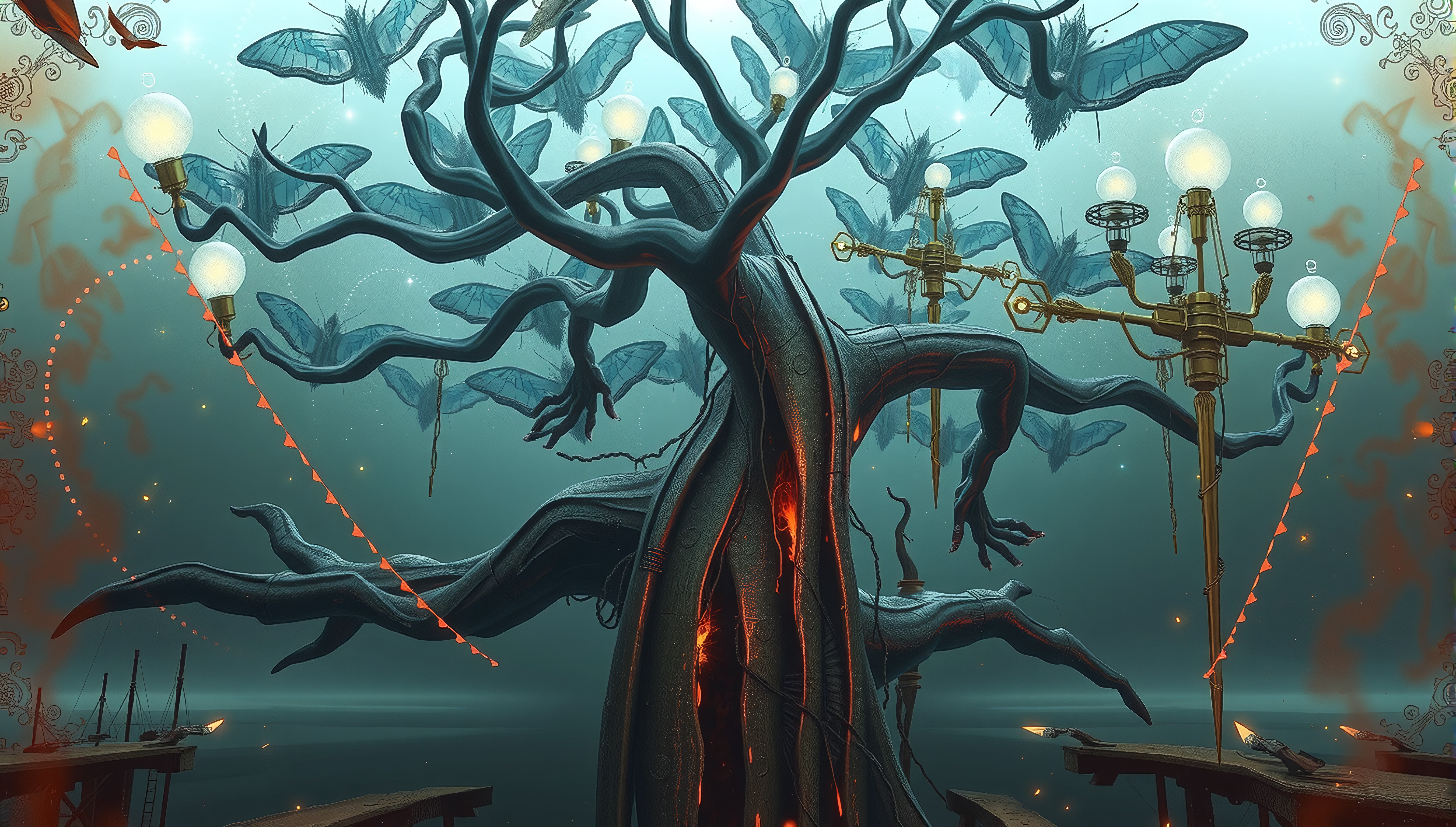 A mysterious tree illuminated by ethereal moths under glowing orbs.