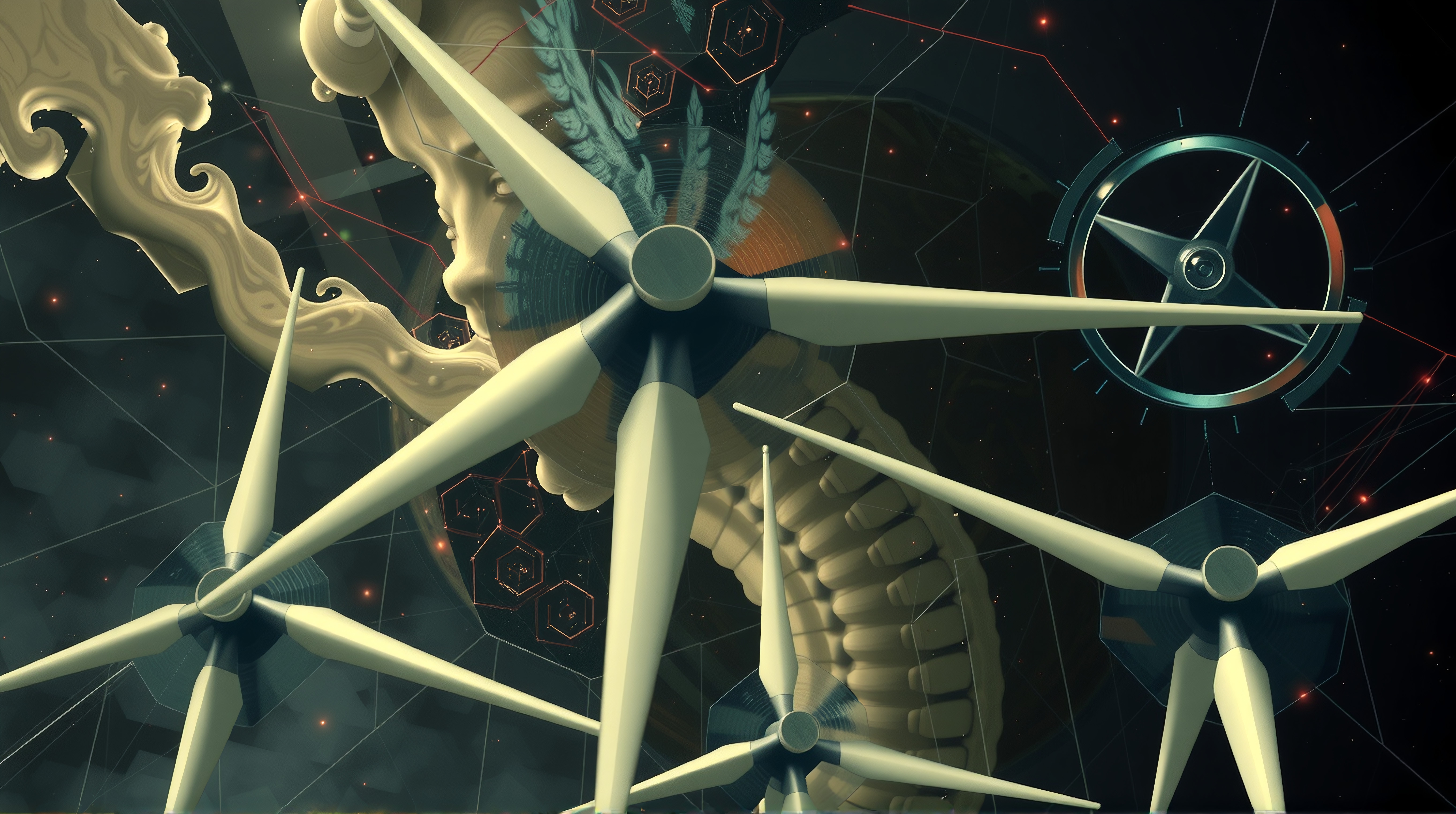 Surreal artwork blending wind turbines with classical elements.
