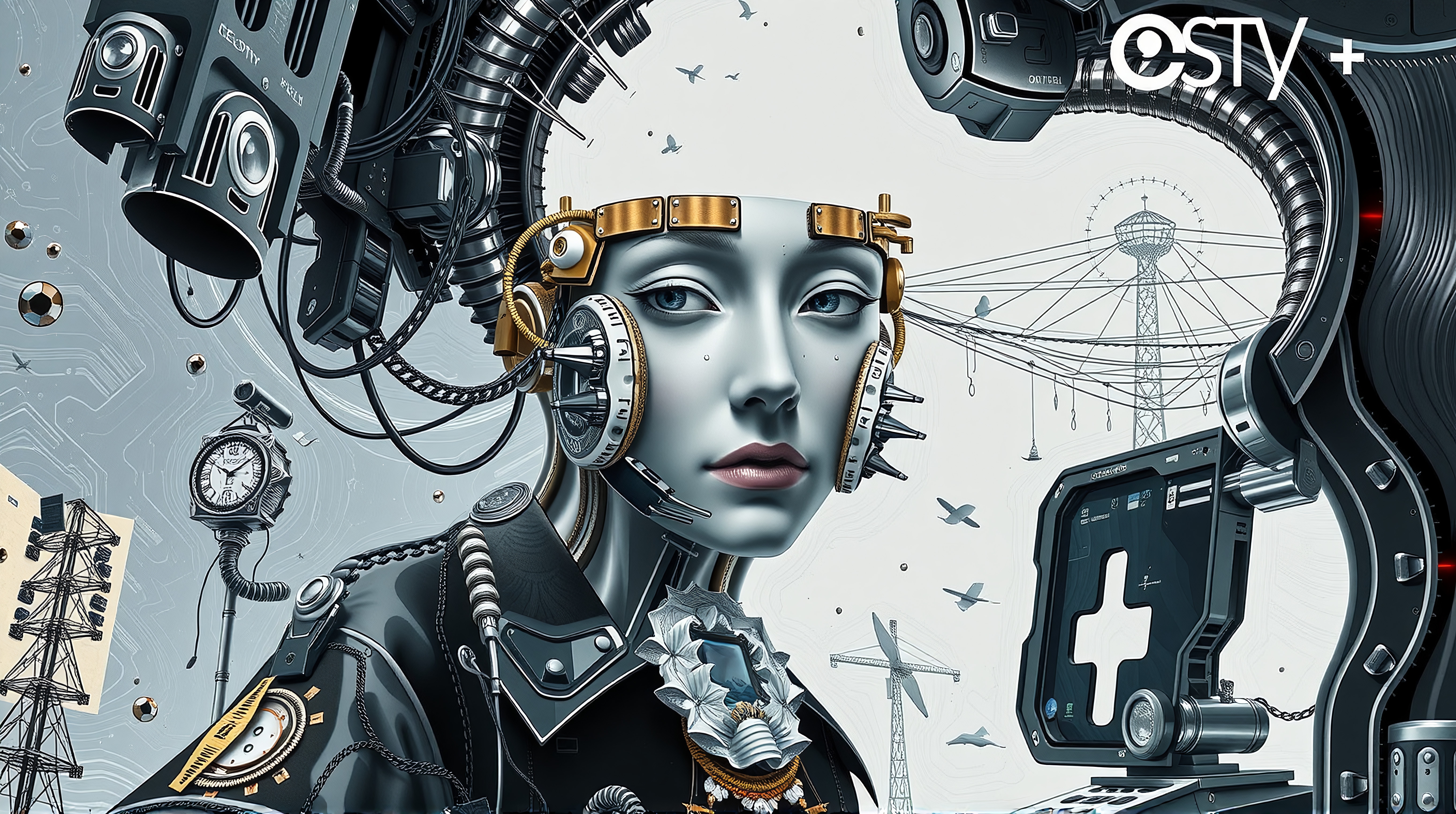 A detailed illustration of a futuristic female cyborg equipped with advanced machinery, set against a technological landscape.