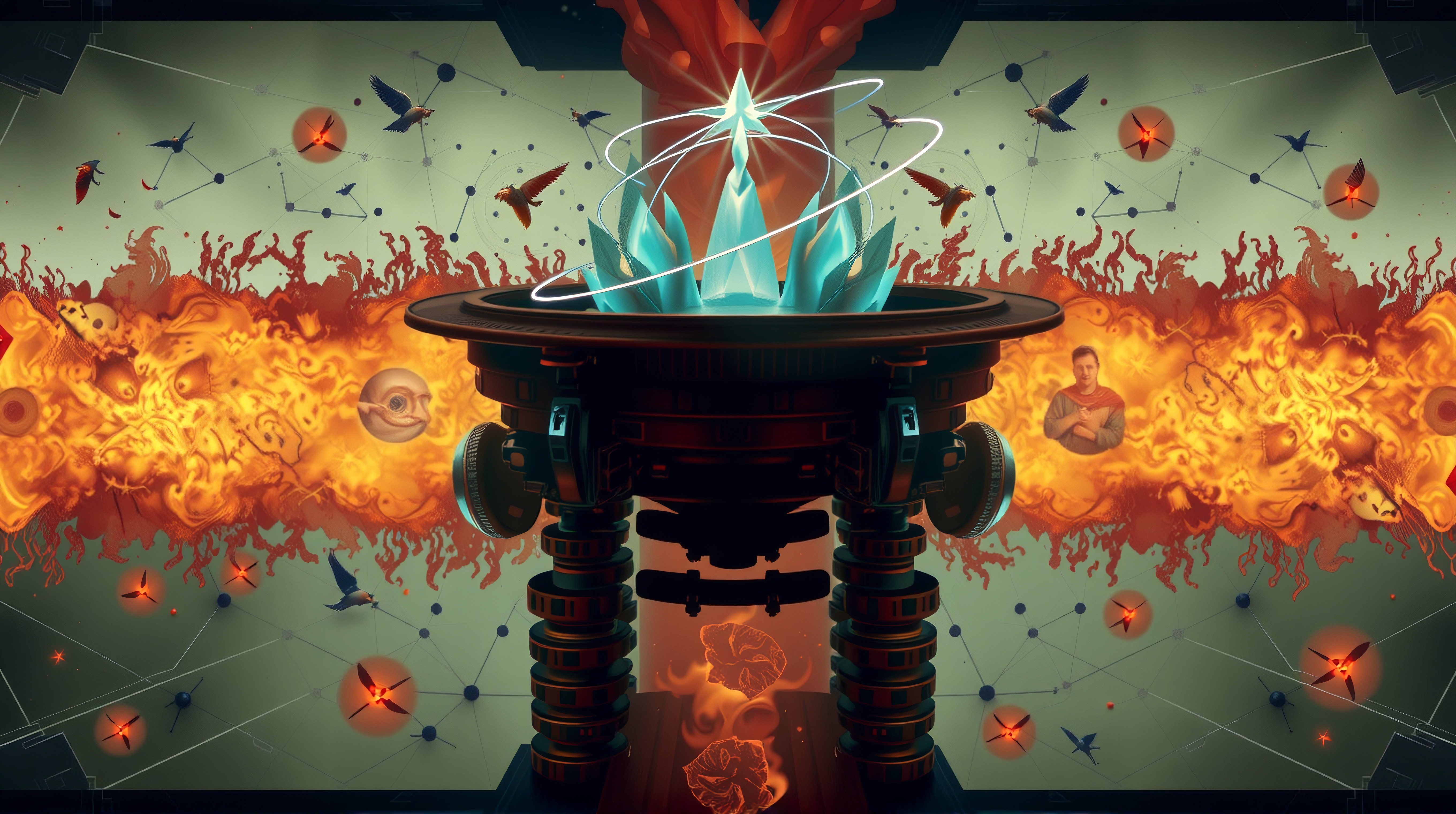 A surreal blend of cosmic and mechanical elements with fiery eruptions and crystal energy.