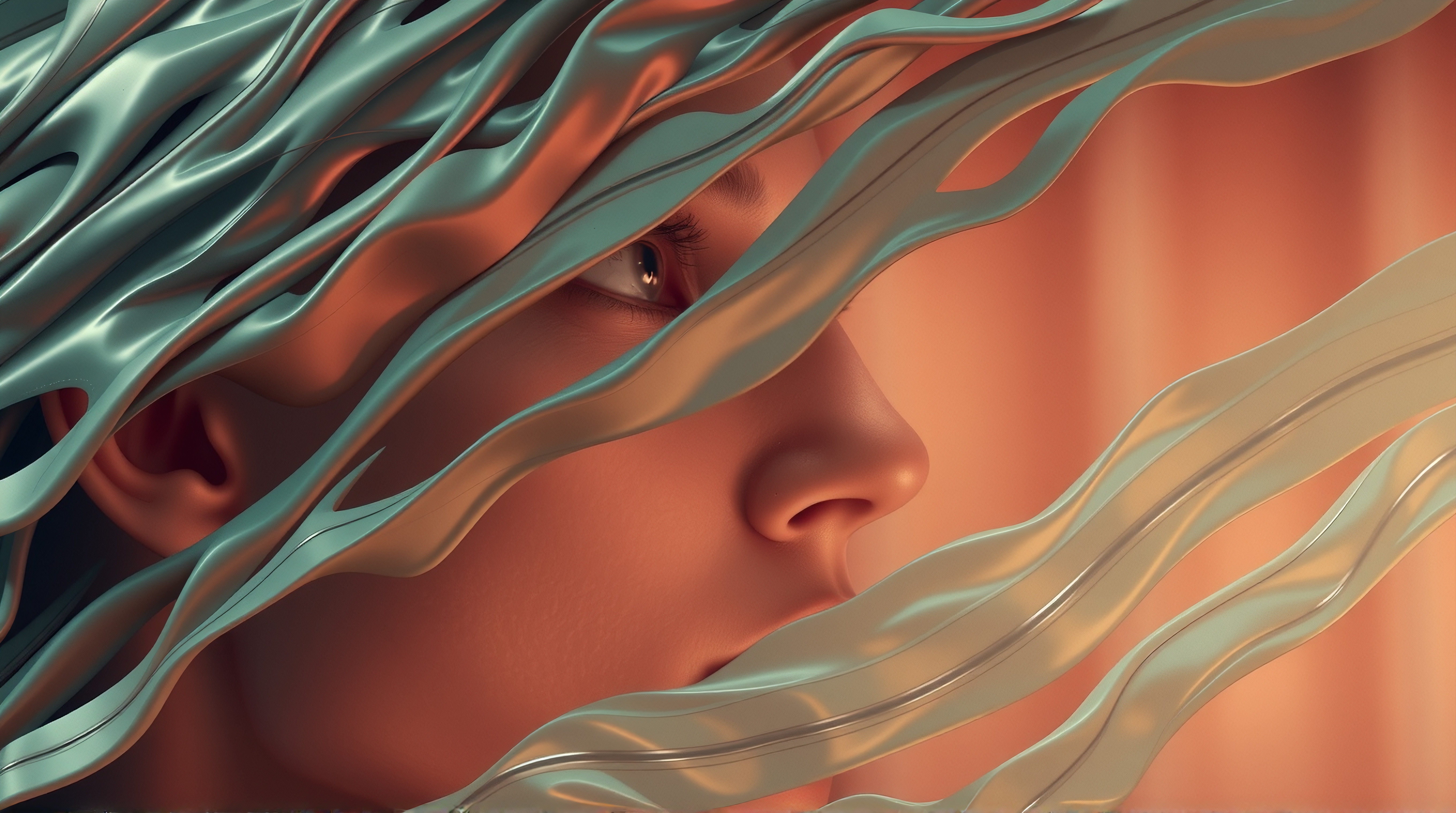 Surreal digital artwork with flowing teal waves around a serene face.
