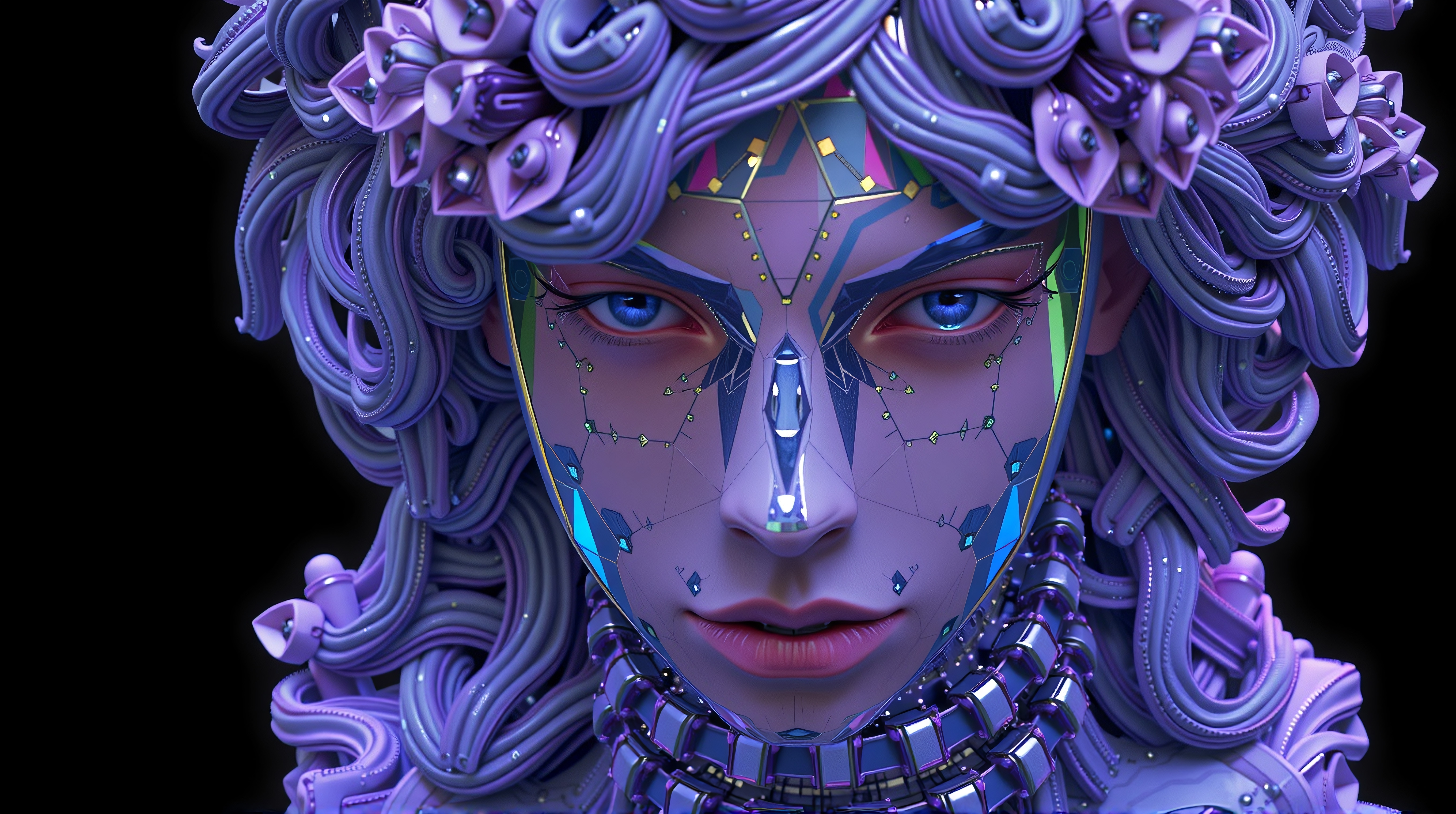 A stylized, cybernetic portrait with purple curls and floral adornments.