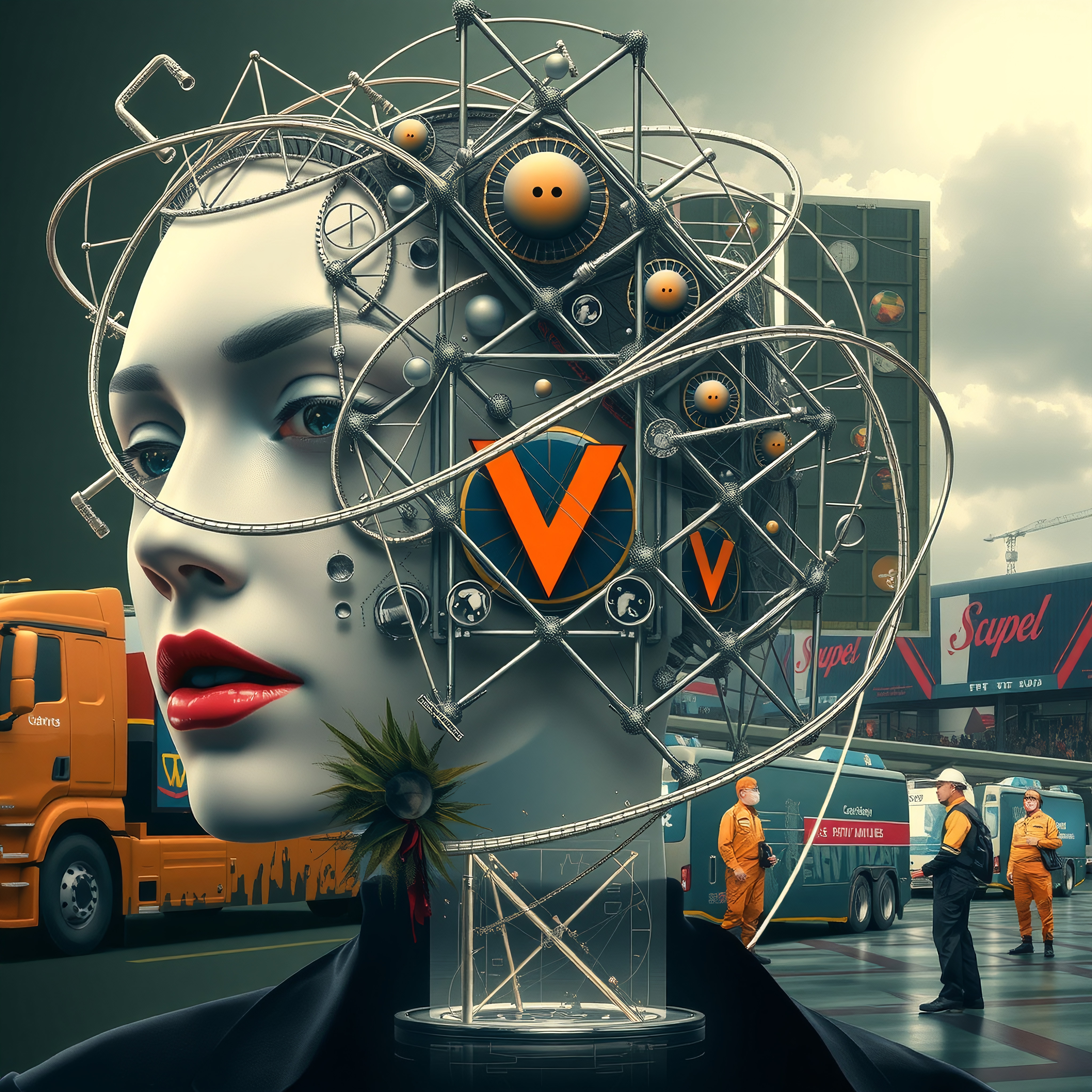A surreal blend of futuristic urban life and mechanical head design.