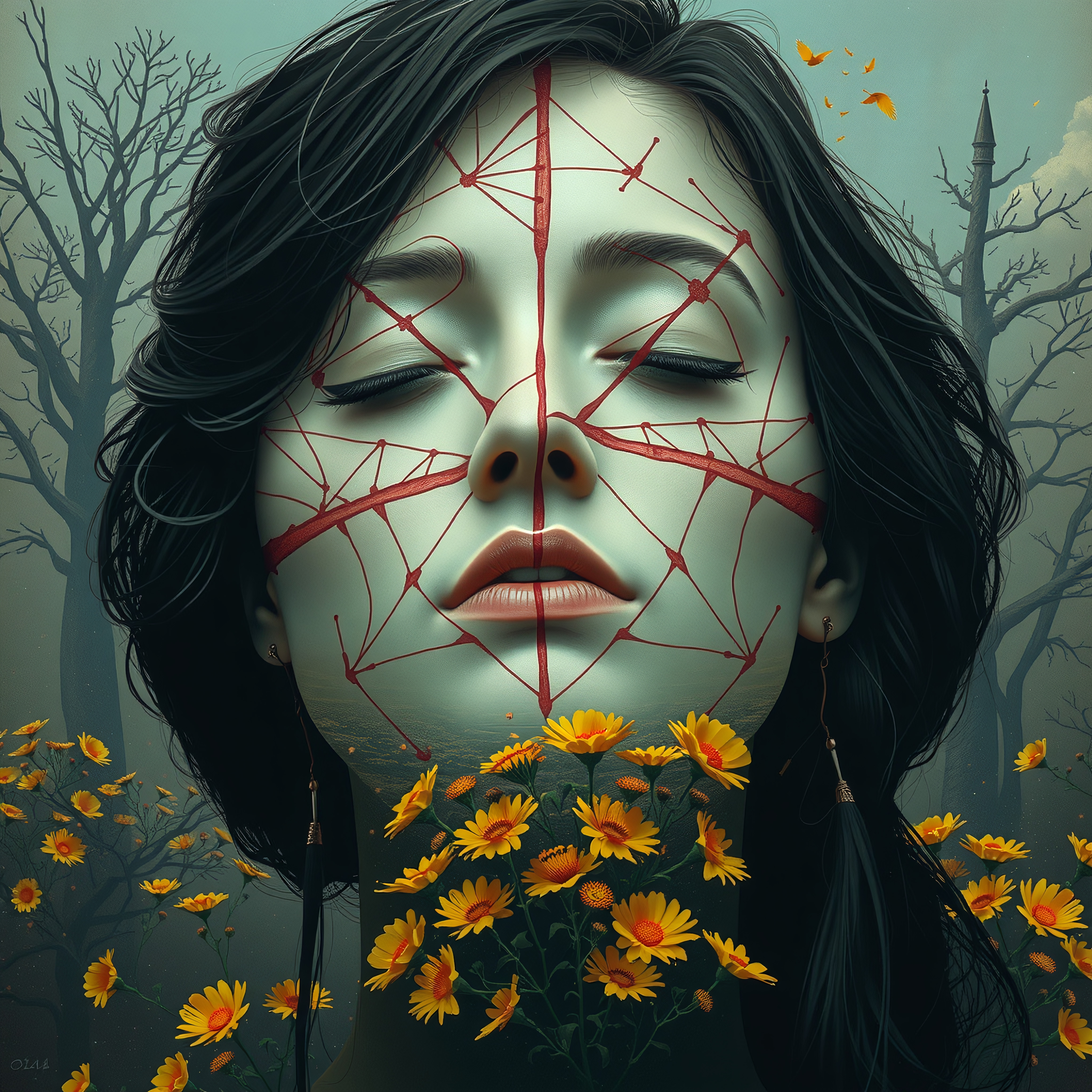 Surreal portrait of a woman's face with red geometric patterns and yellow flowers.