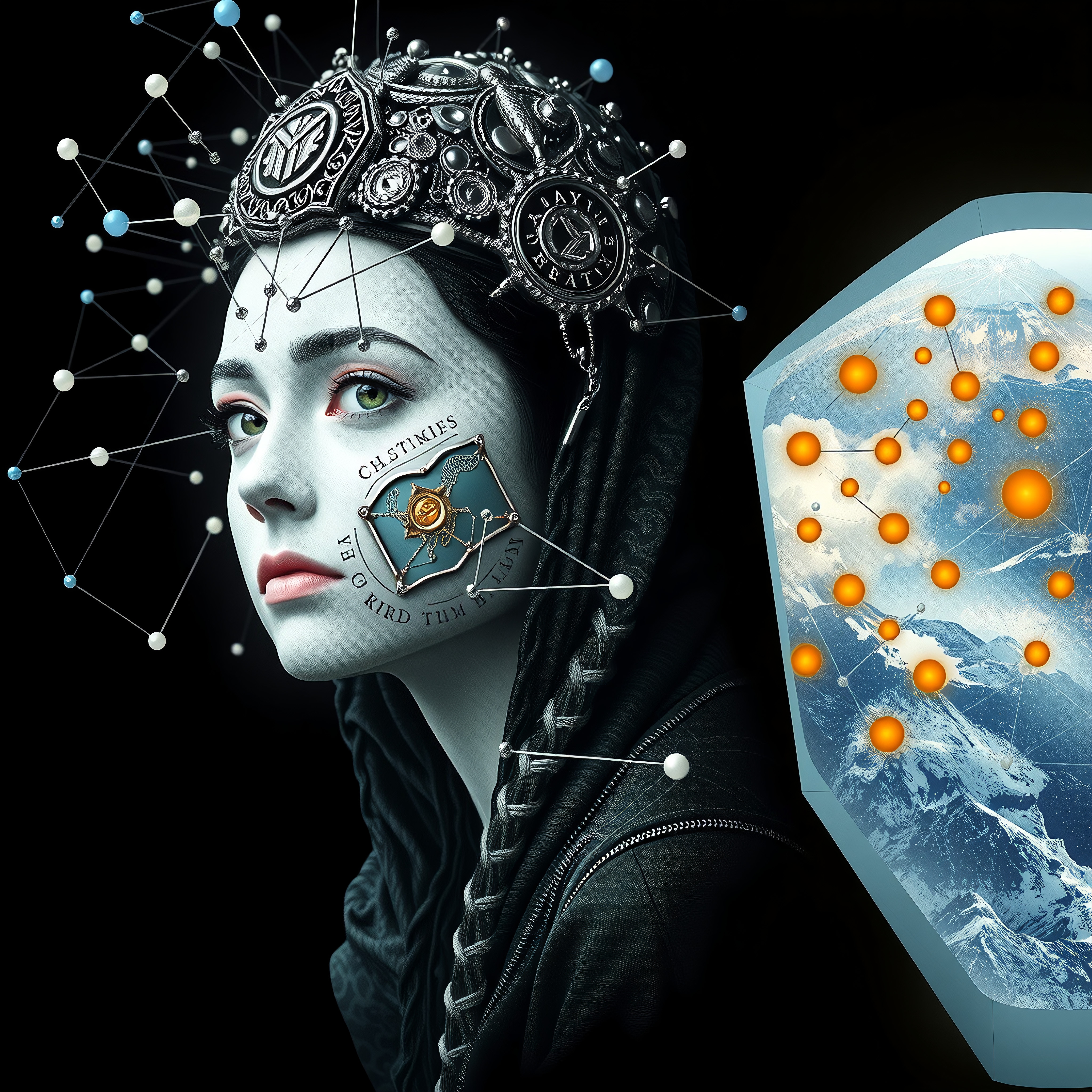 Image of a futuristic woman with a networked headpiece and abstract patterns on her cheek, set against a technological landscape with orange data nodes.