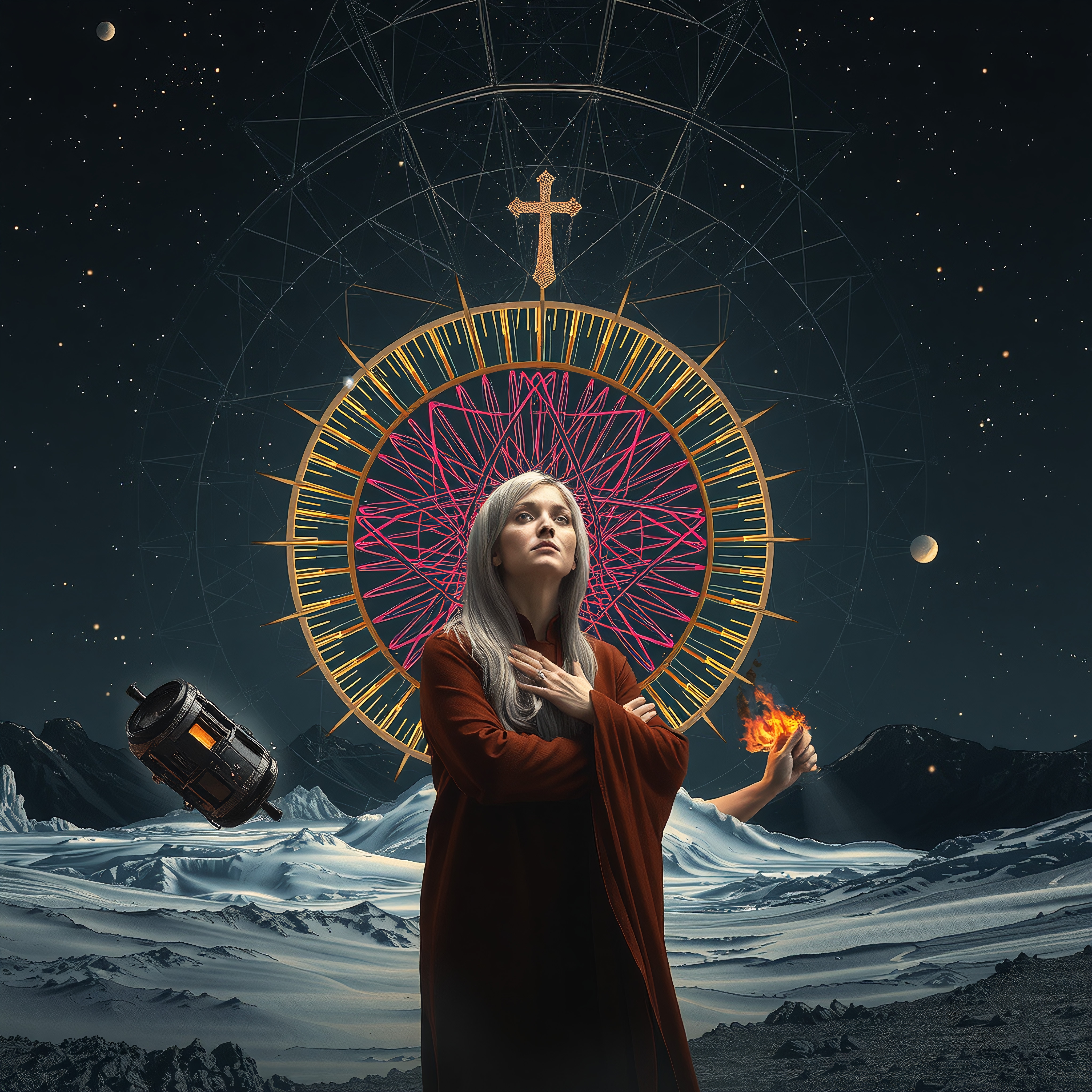Woman in surreal landscape with halo, flame, and cosmic night sky.