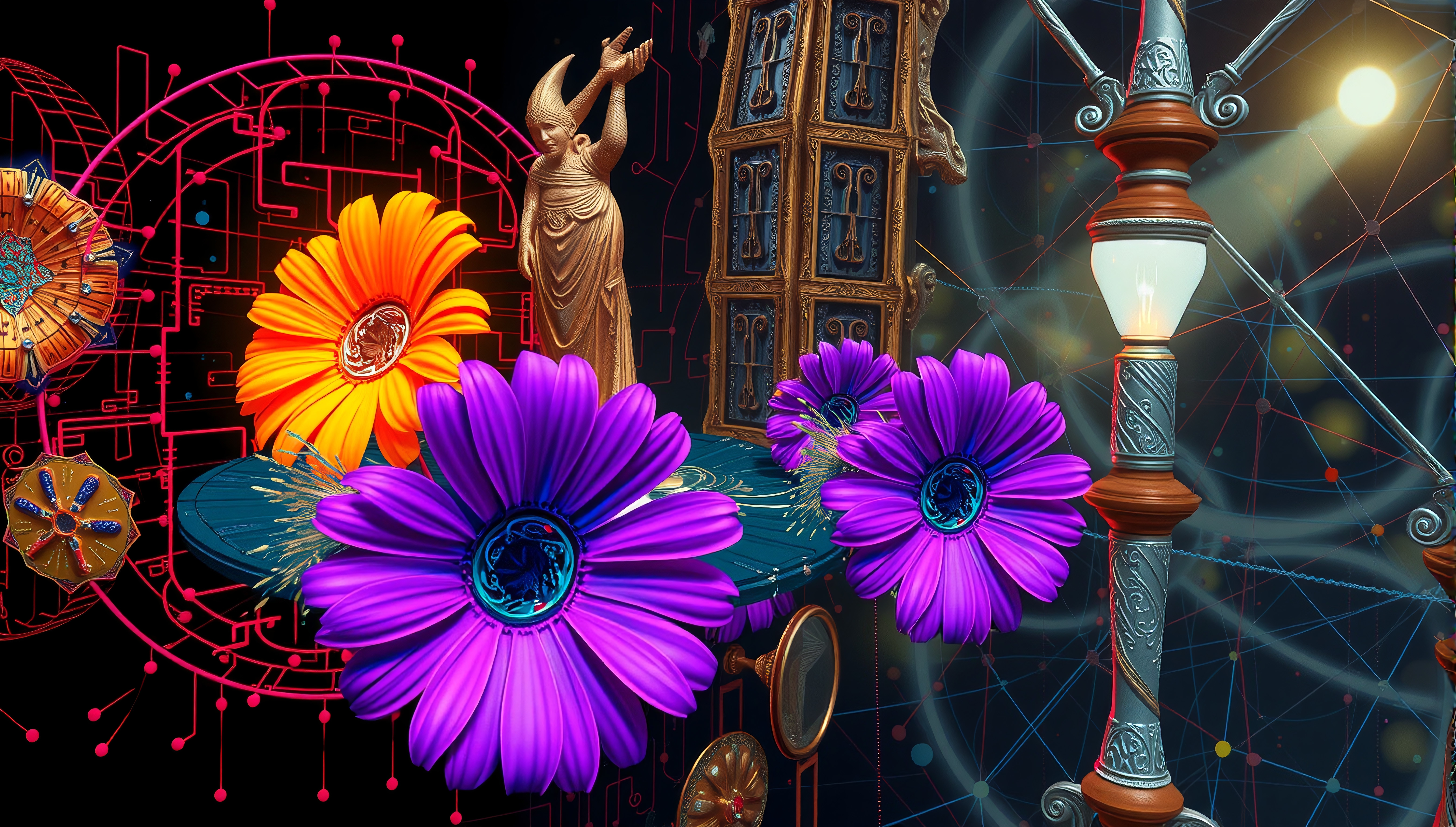 A surreal blend of vibrant flowers, geometric patterns, and ornate structures in a fantastical scene.