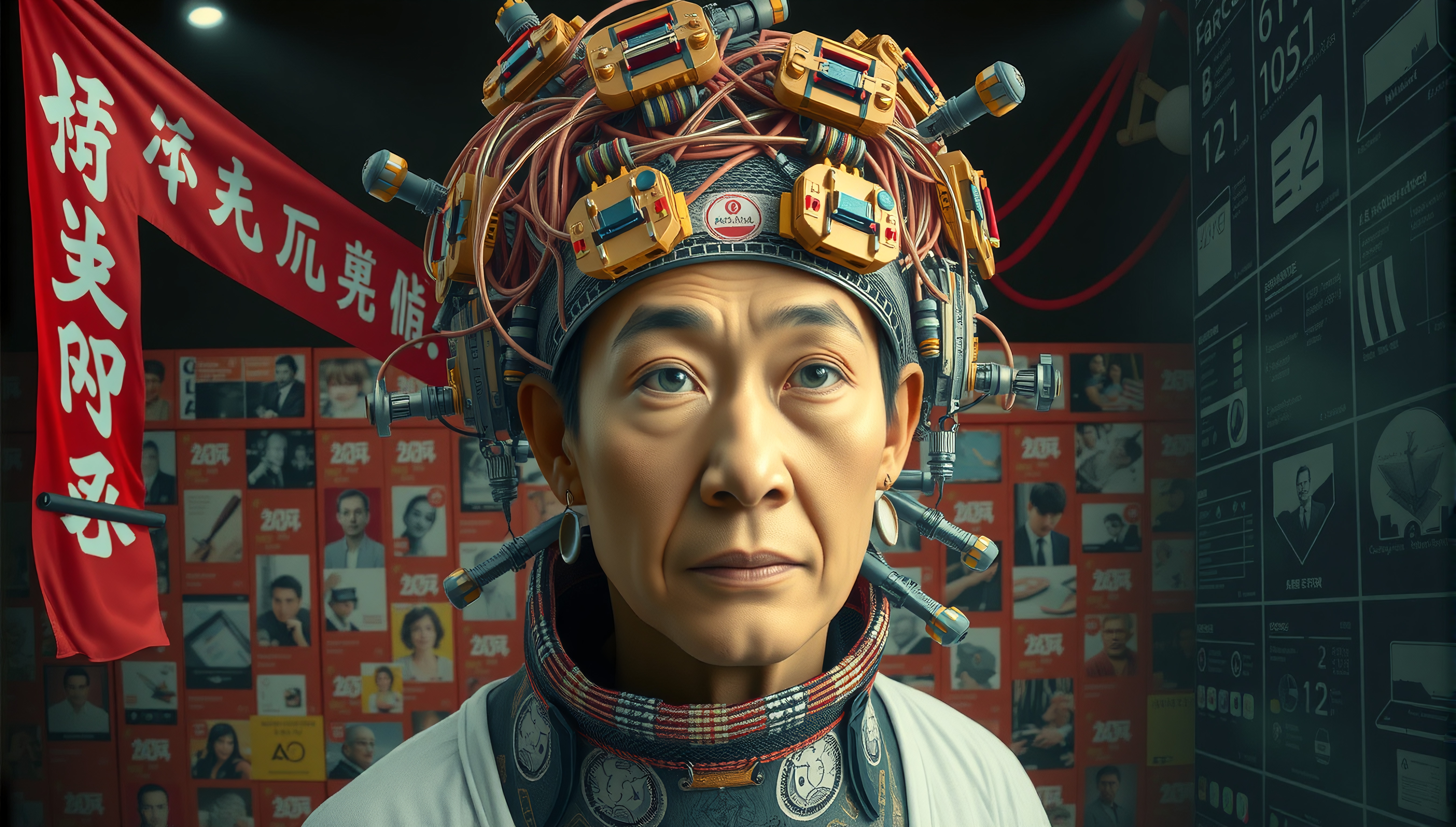 Portrait of person wearing futuristic technological headgear with a red banner in the background.