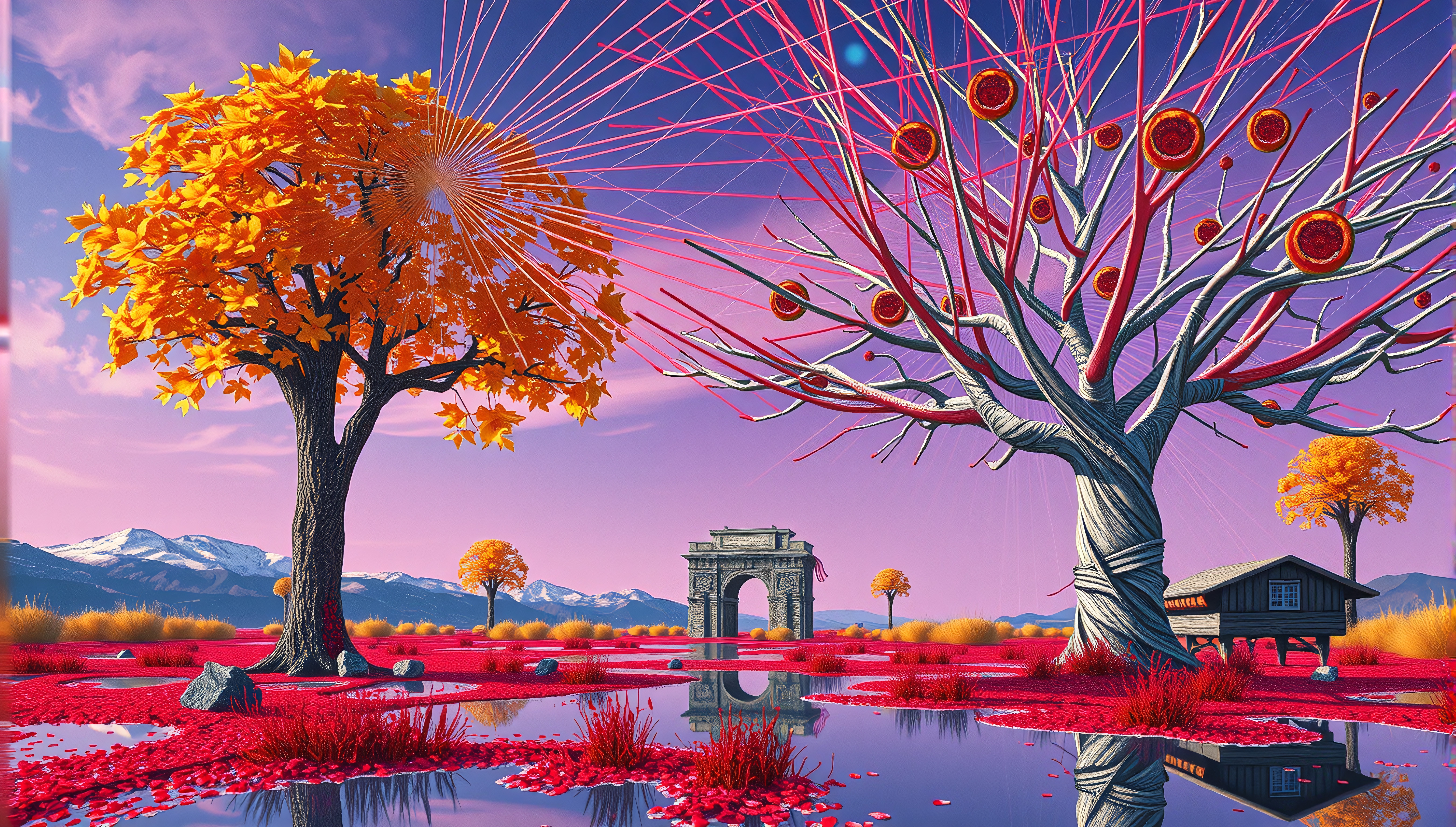 Surreal landscape with colorful trees, archway, reflective pool, and mountains.