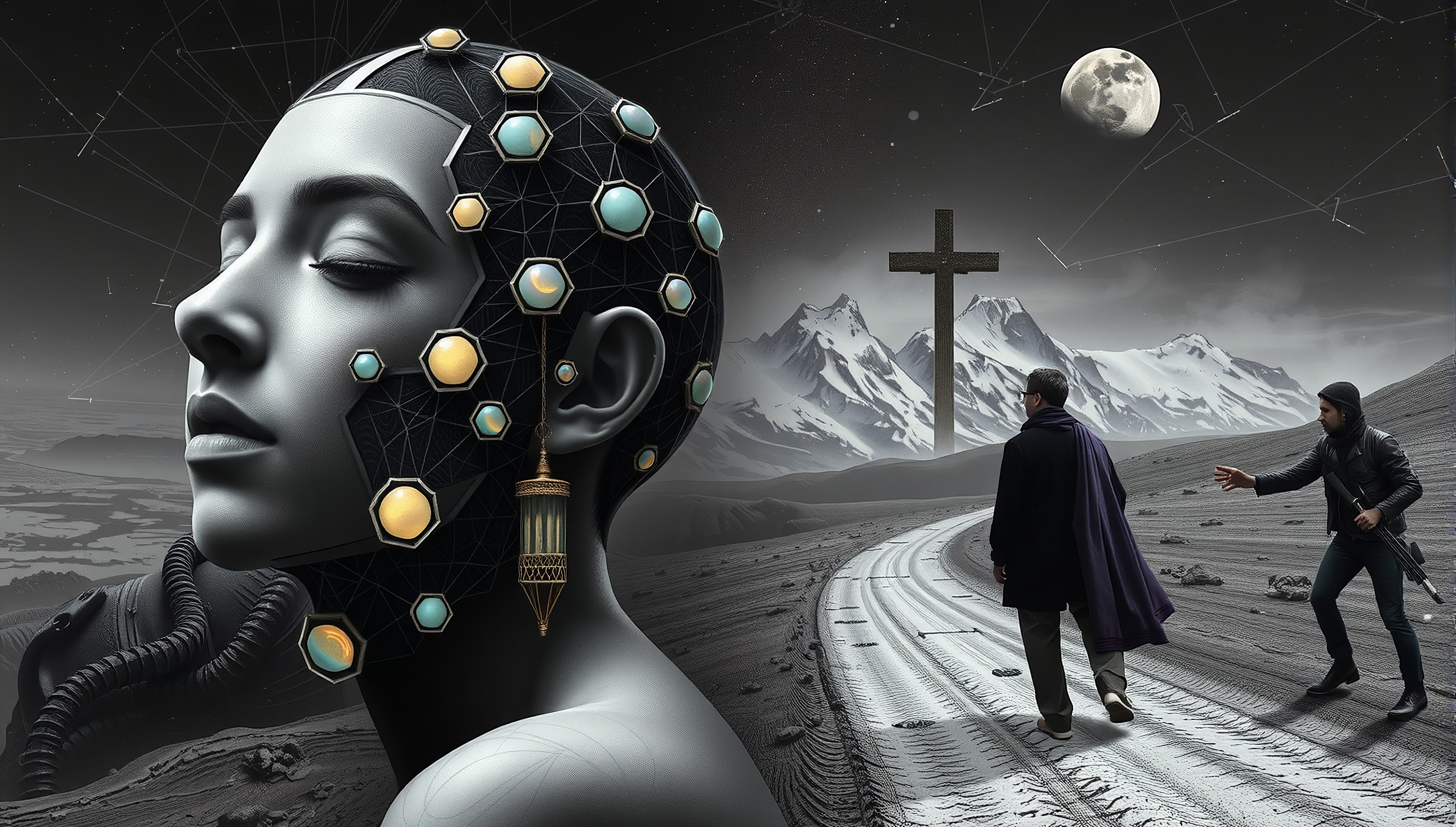 Surreal futuristic landscape with two figures walking a winding road under a full moon.