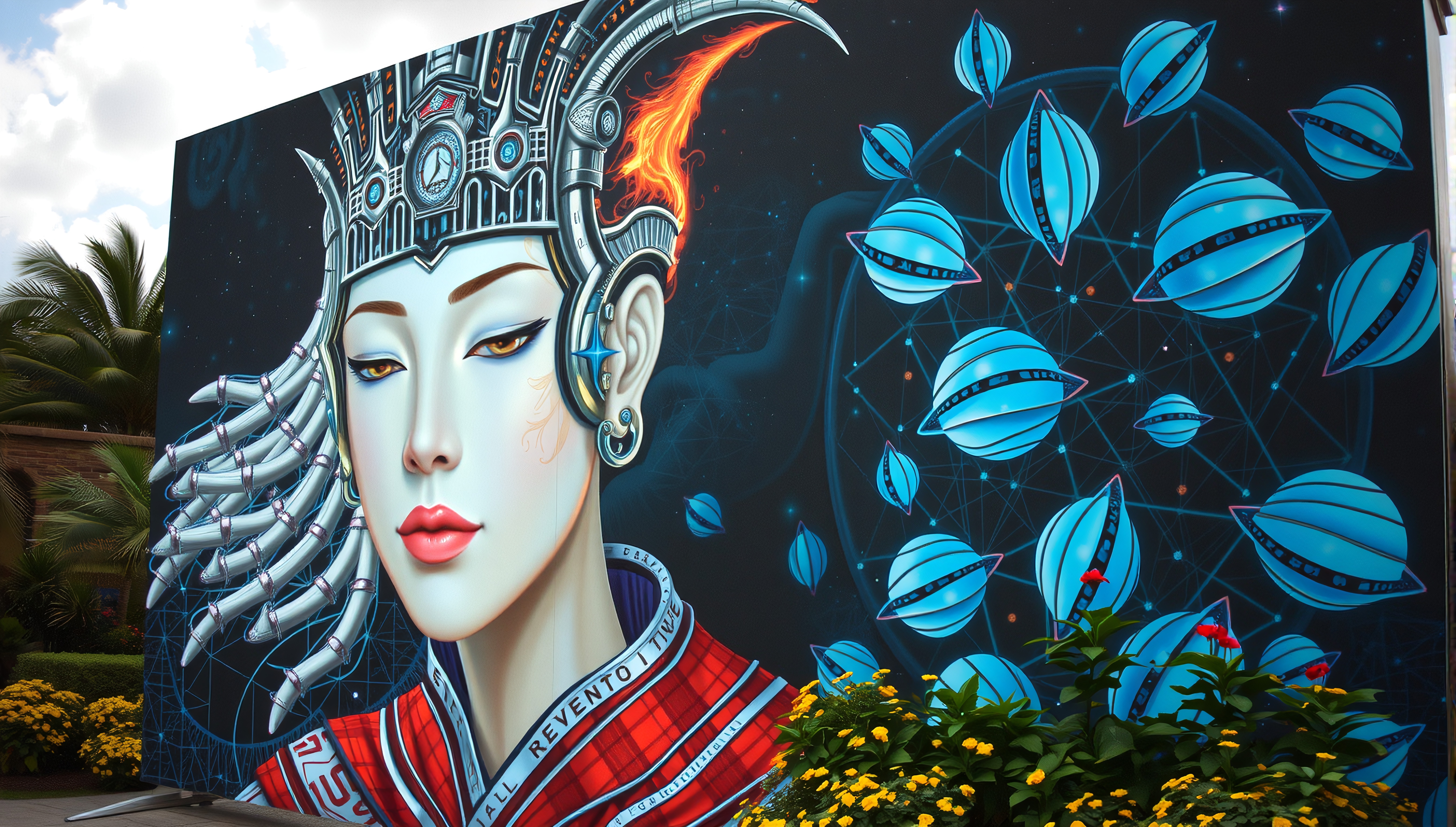 Futuristic mural depicting a serene figure with a mechanical headdress and cosmic background.