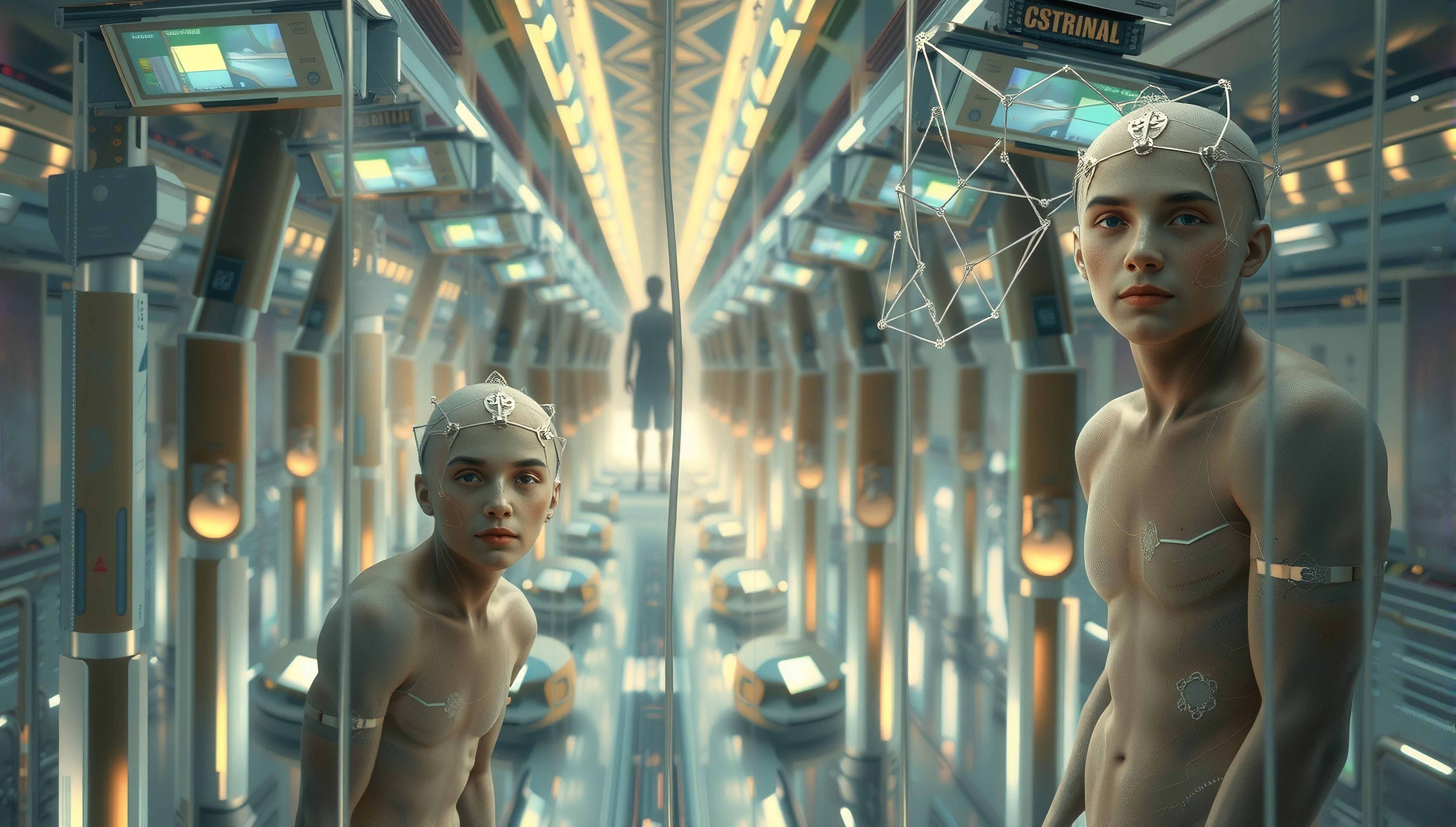 Futuristic individuals in a high-tech corridor.