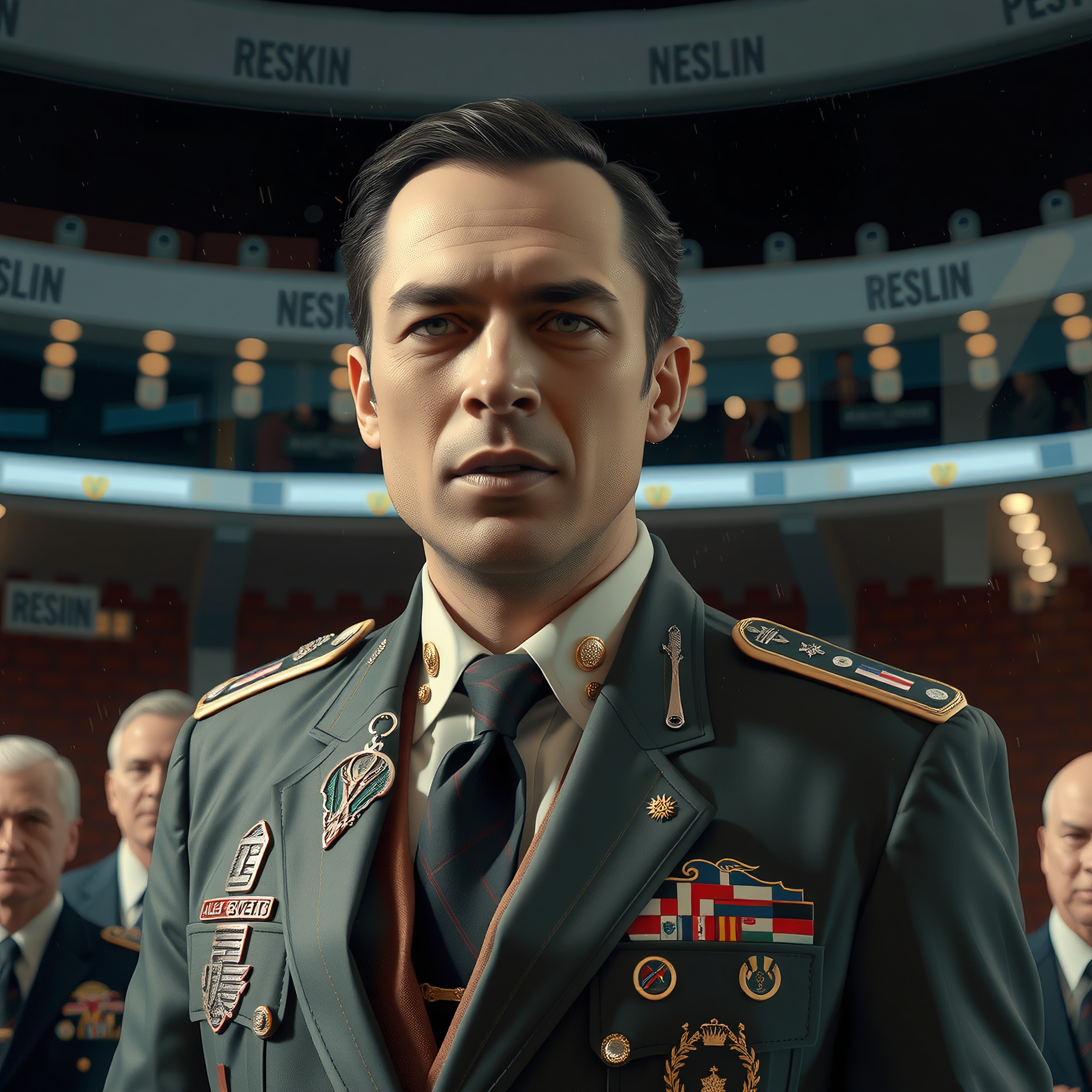 A distinguished military officer stands in a formal venue, dressed in a uniform adorned with medals.