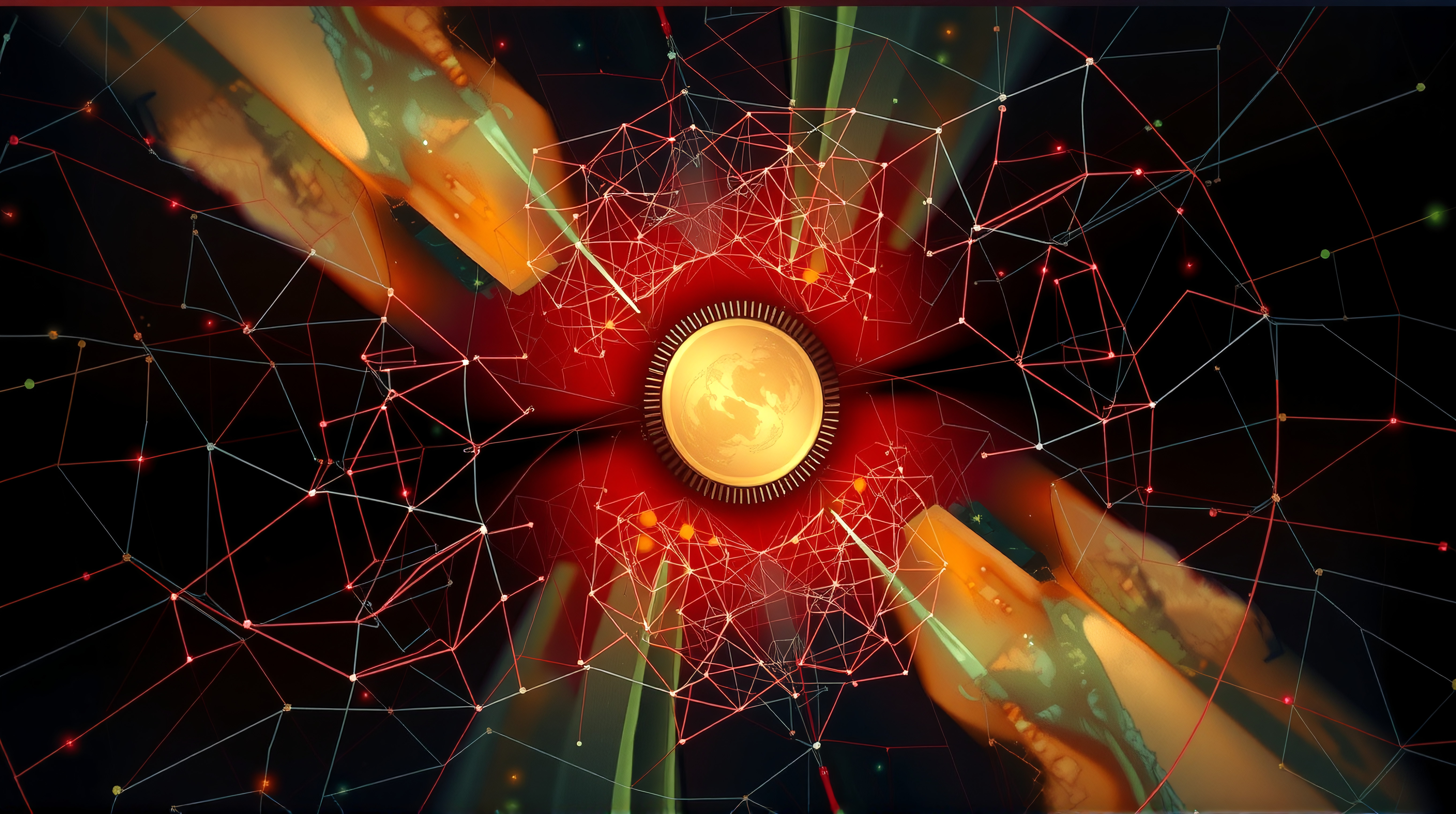 Abstract digital artwork featuring a central golden sphere with intricate red network lines, evoking connectivity and technology concepts.