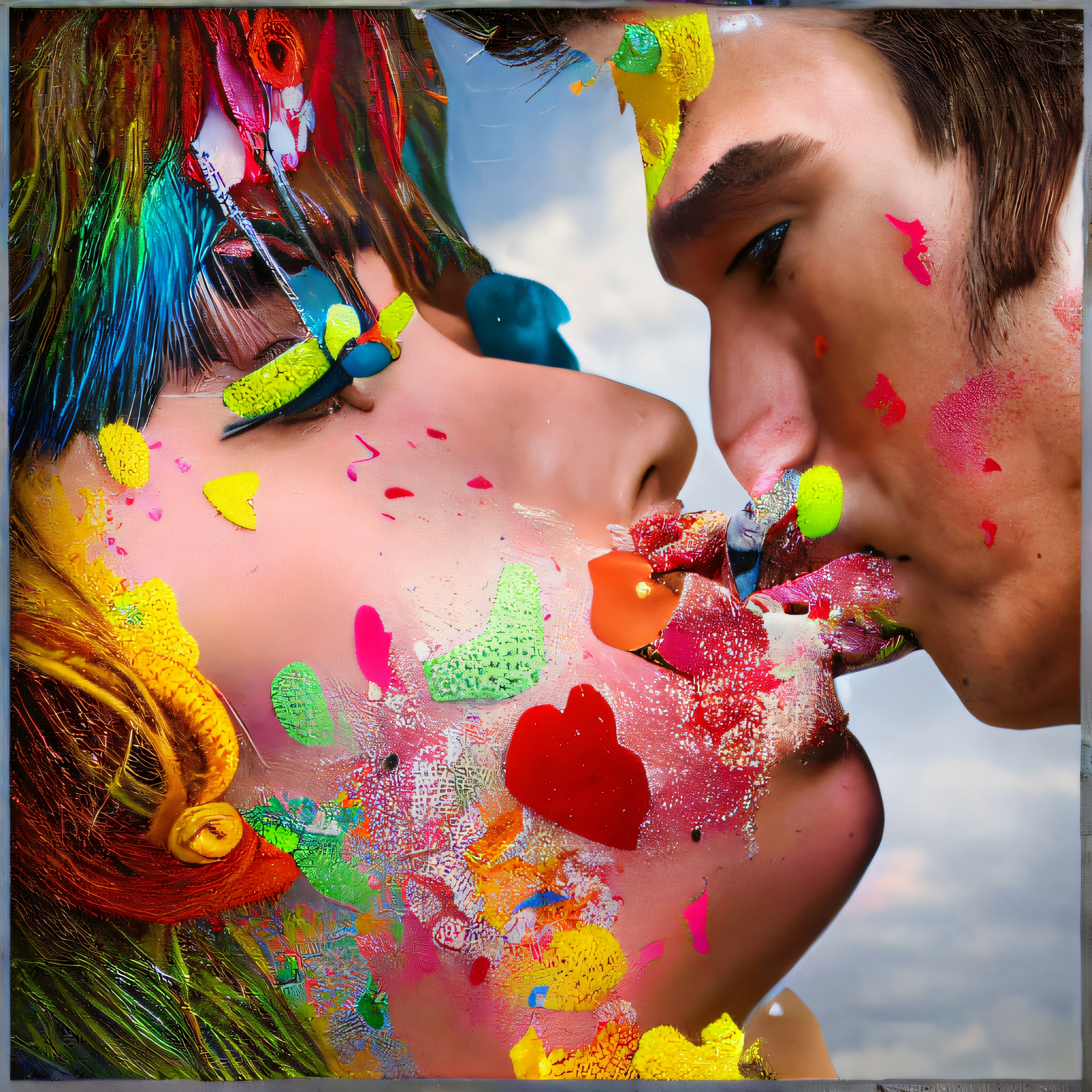 A surreal image of two individuals kissing amidst vibrant, abstract paint patterns, set against a cloudy sky, celebrating artistic expression and love.