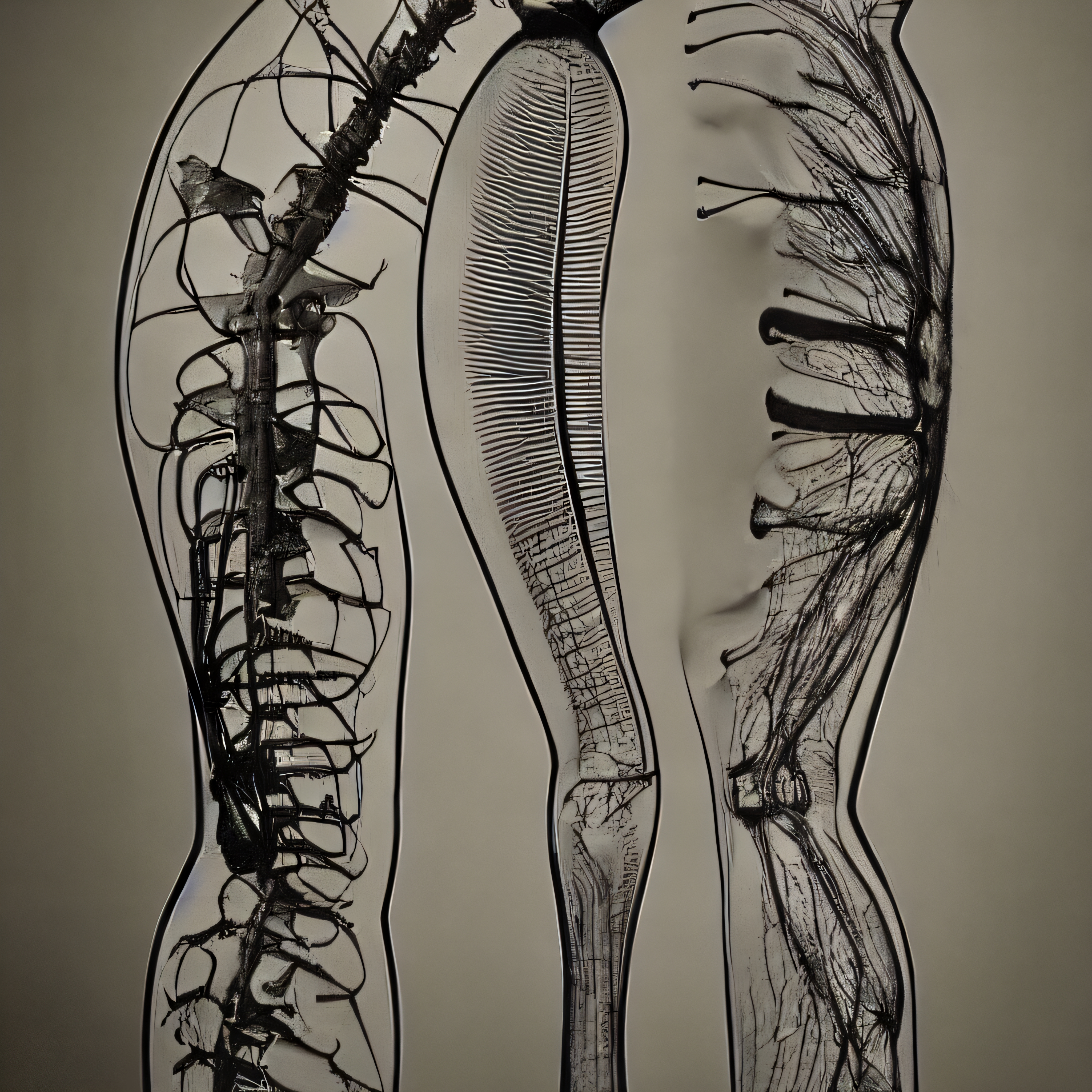 An artistic anatomical representation of the human spine and nervous system with detailed, abstract patterns.