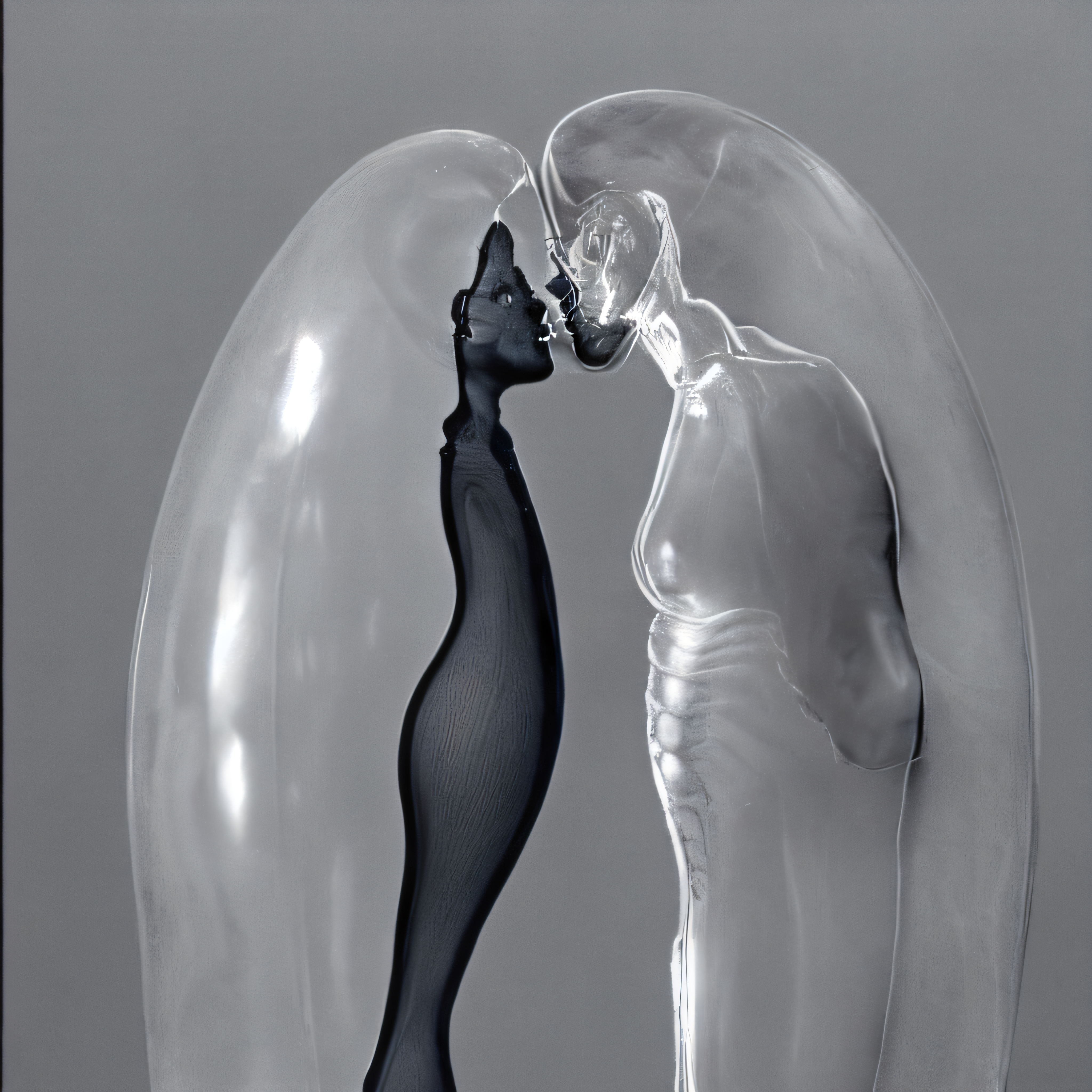 Abstract glass figures embracing in an intimate artistic composition.