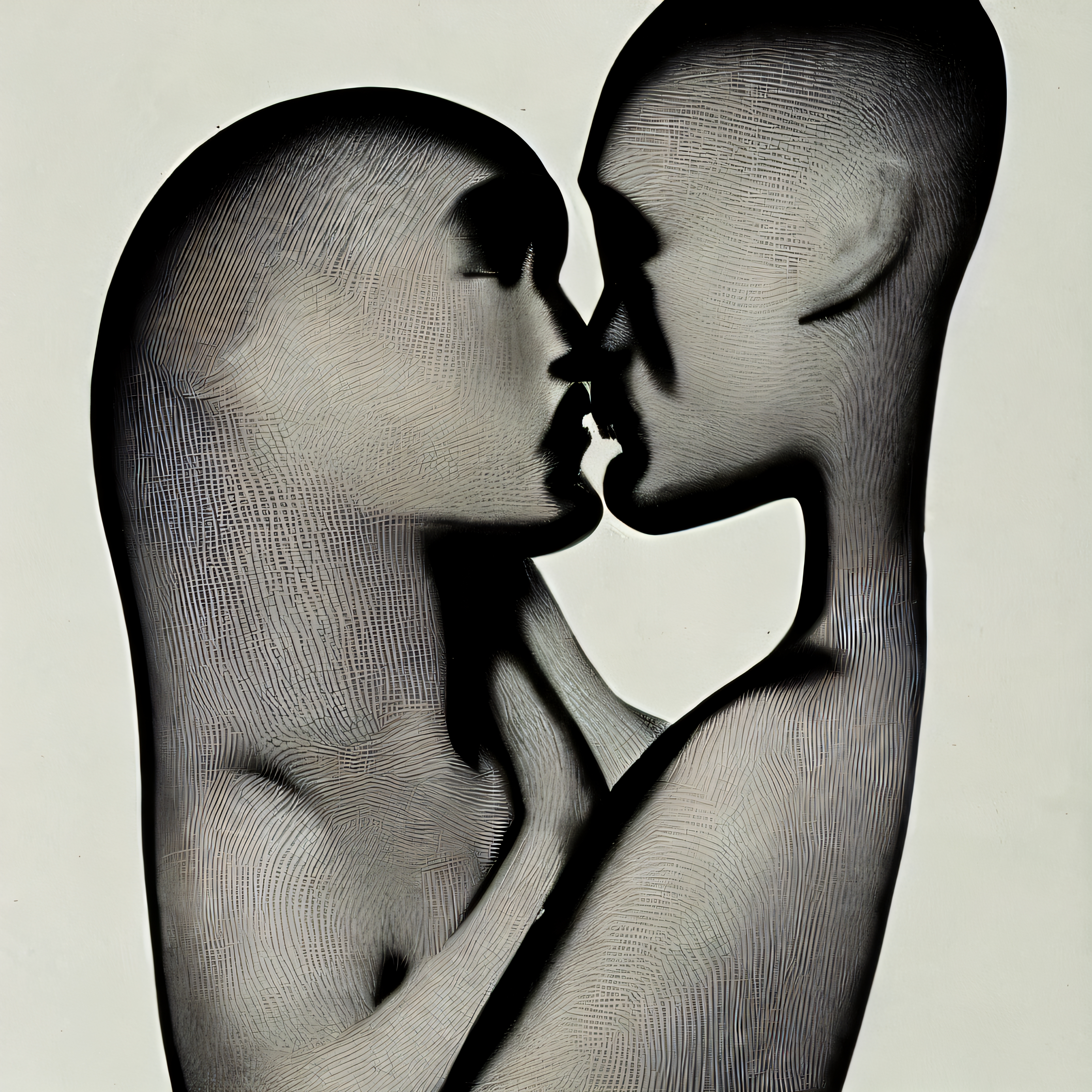 Abstract figures embraced, showcasing intricate line patterns and artistic stylization.