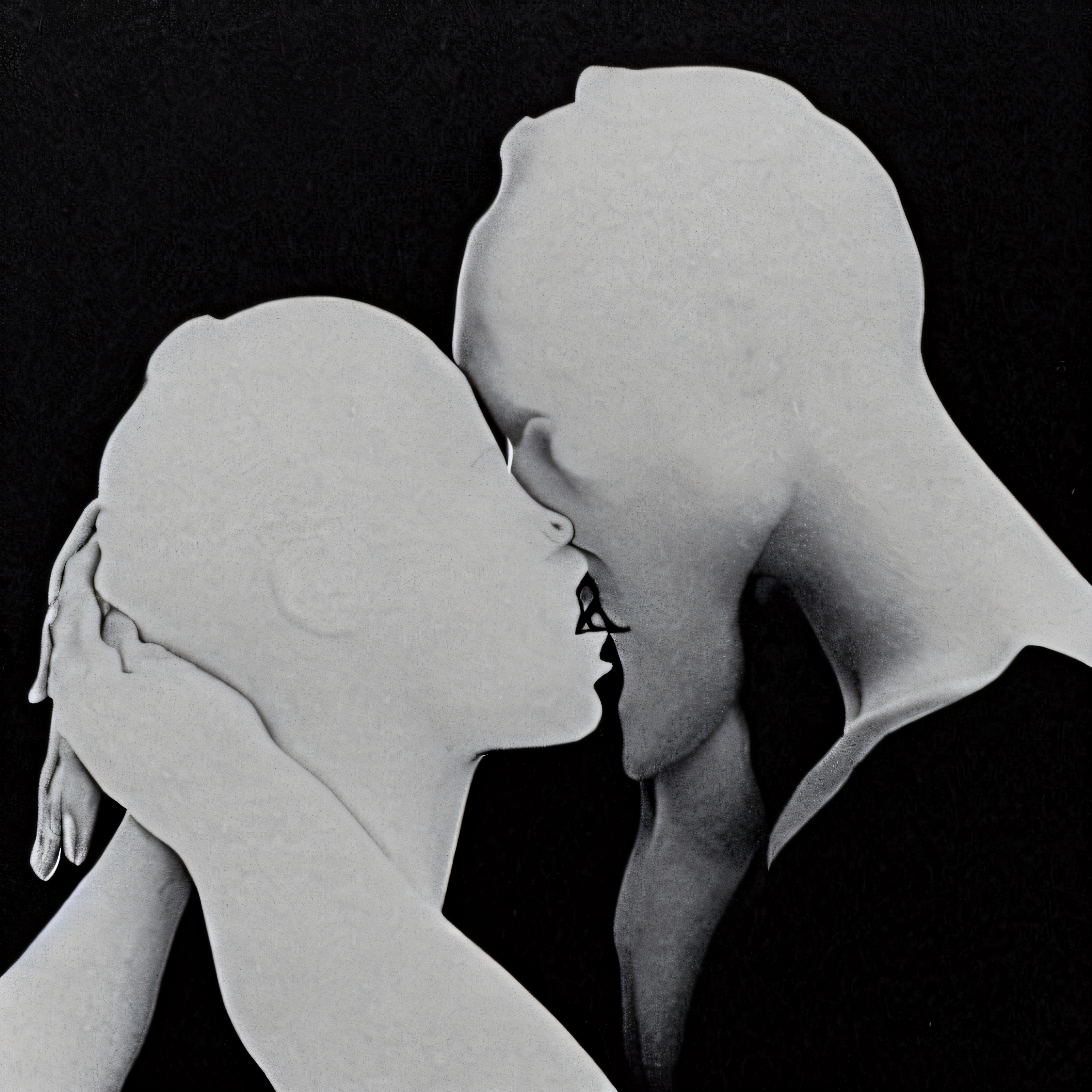 Monochrome art of two embracing figures in an emotional, abstract style.