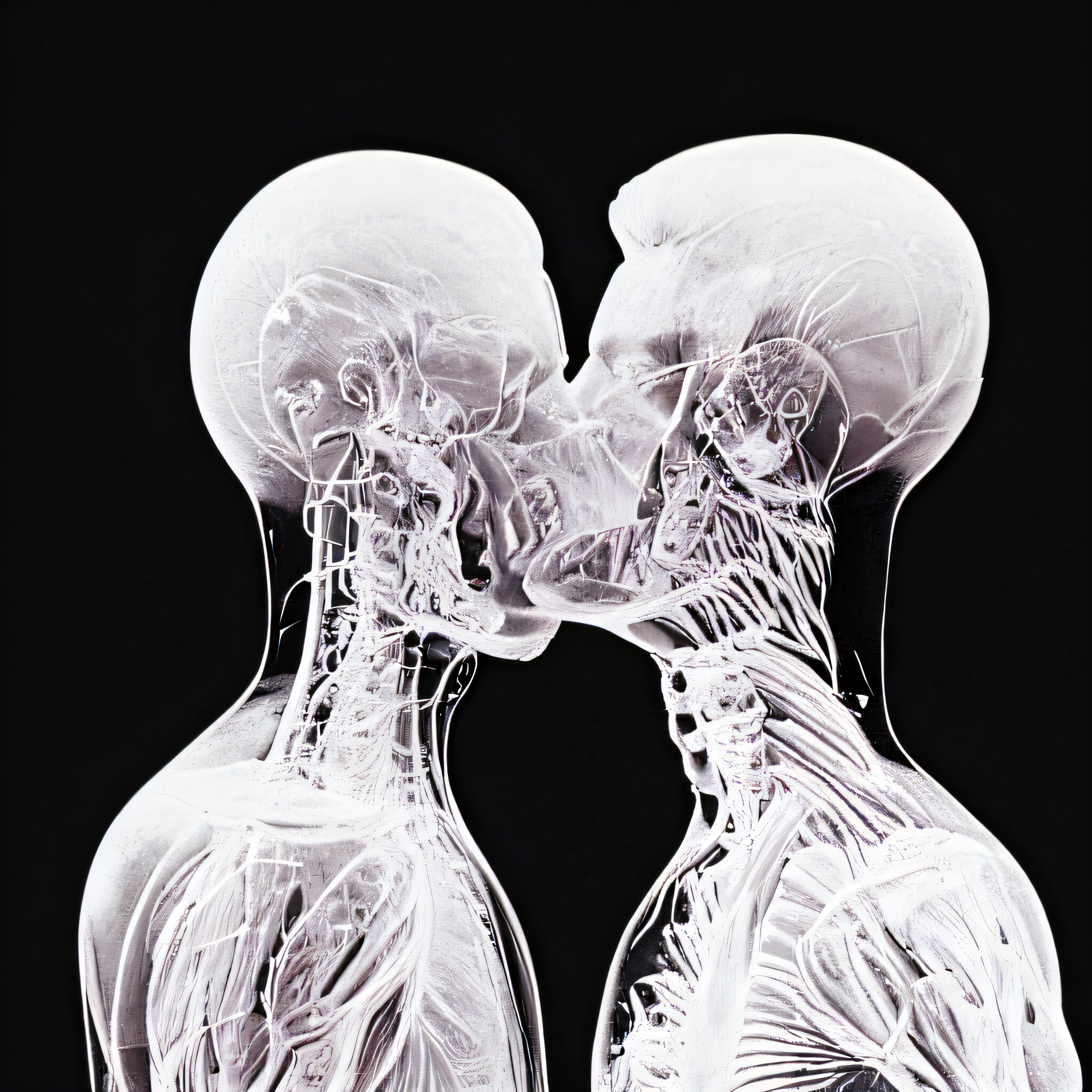 X-ray view of two anatomical figures kissing against a black background, illustrating human muscles and bones.