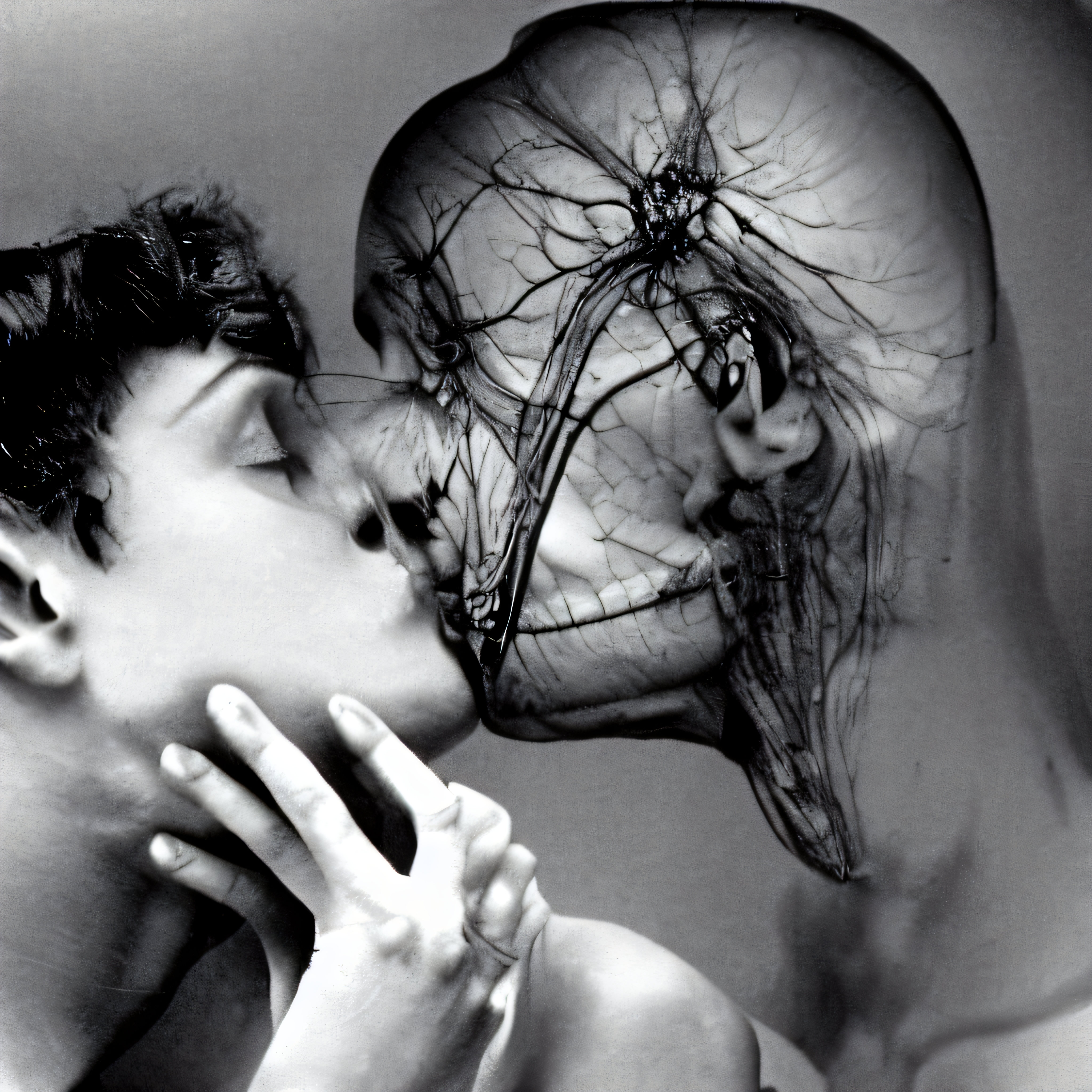 Black and white image of a surreal kiss balancing art, emotion, and anatomical exploration.