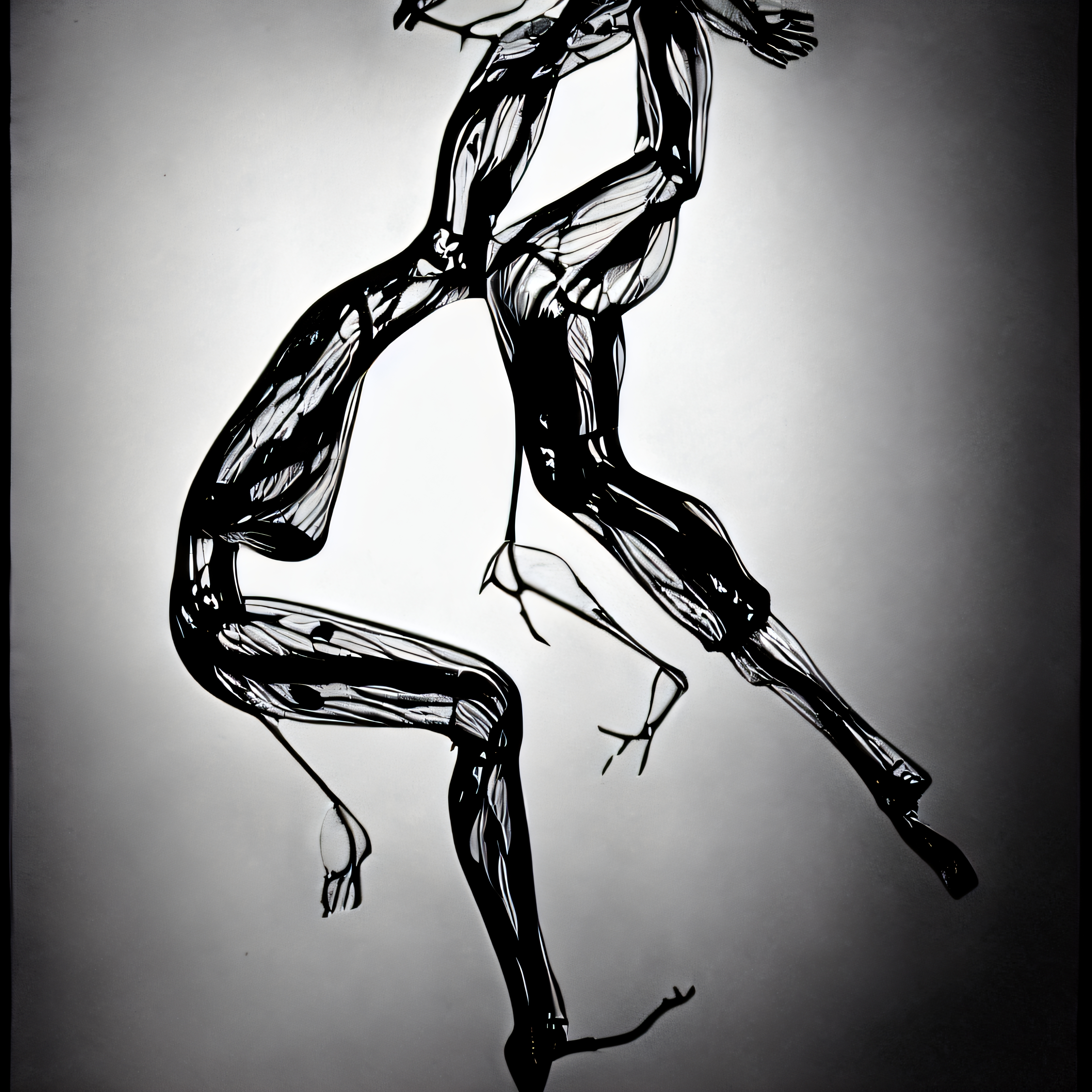 Abstract black and white art with two distorted human figures, elongated limbs, and a dynamic sense of movement.