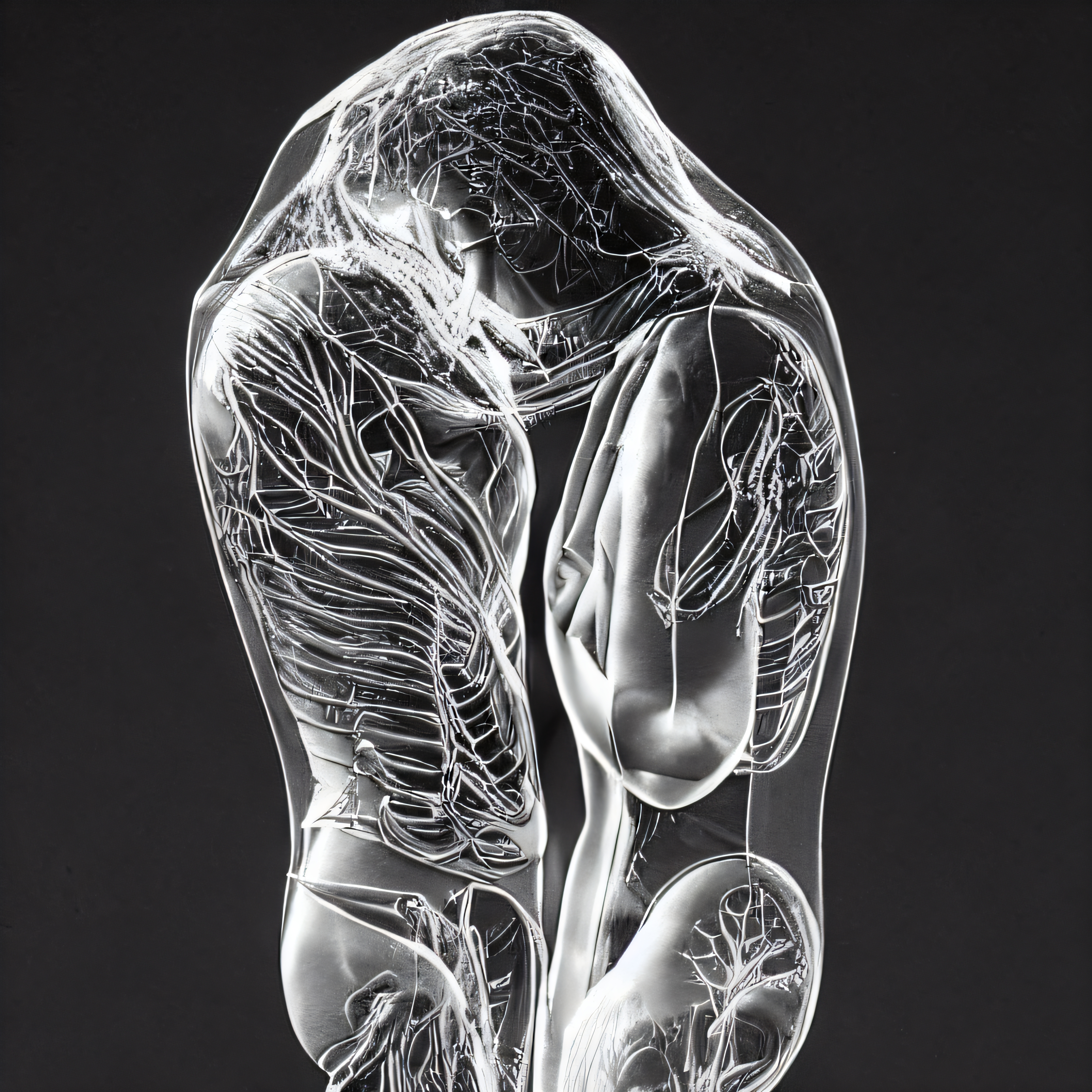 Translucent sculpture of two embracing human figures displaying anatomical details.