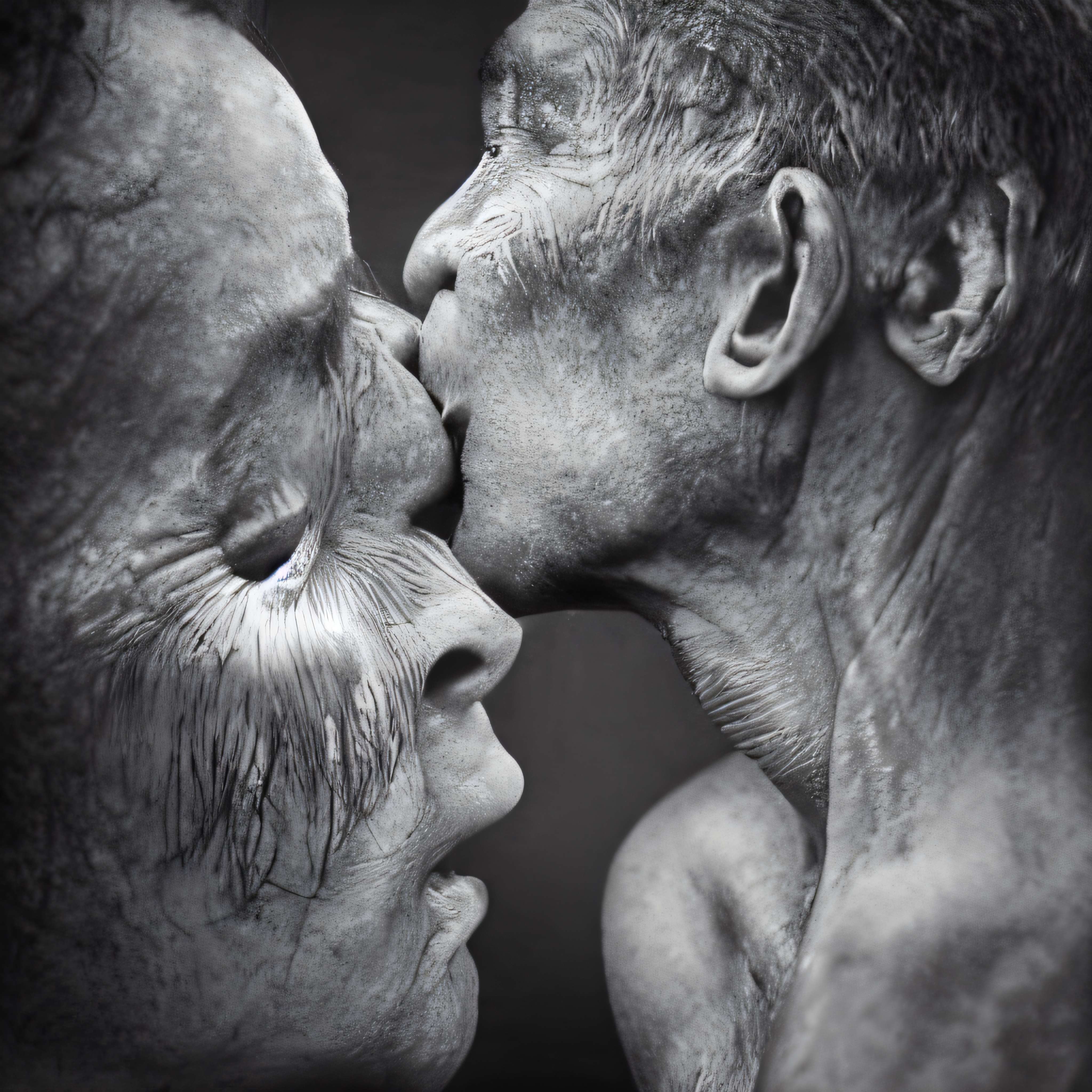 Grayscale depiction of two individuals in a poignant, intimate kiss, emphasizing texture and emotion.