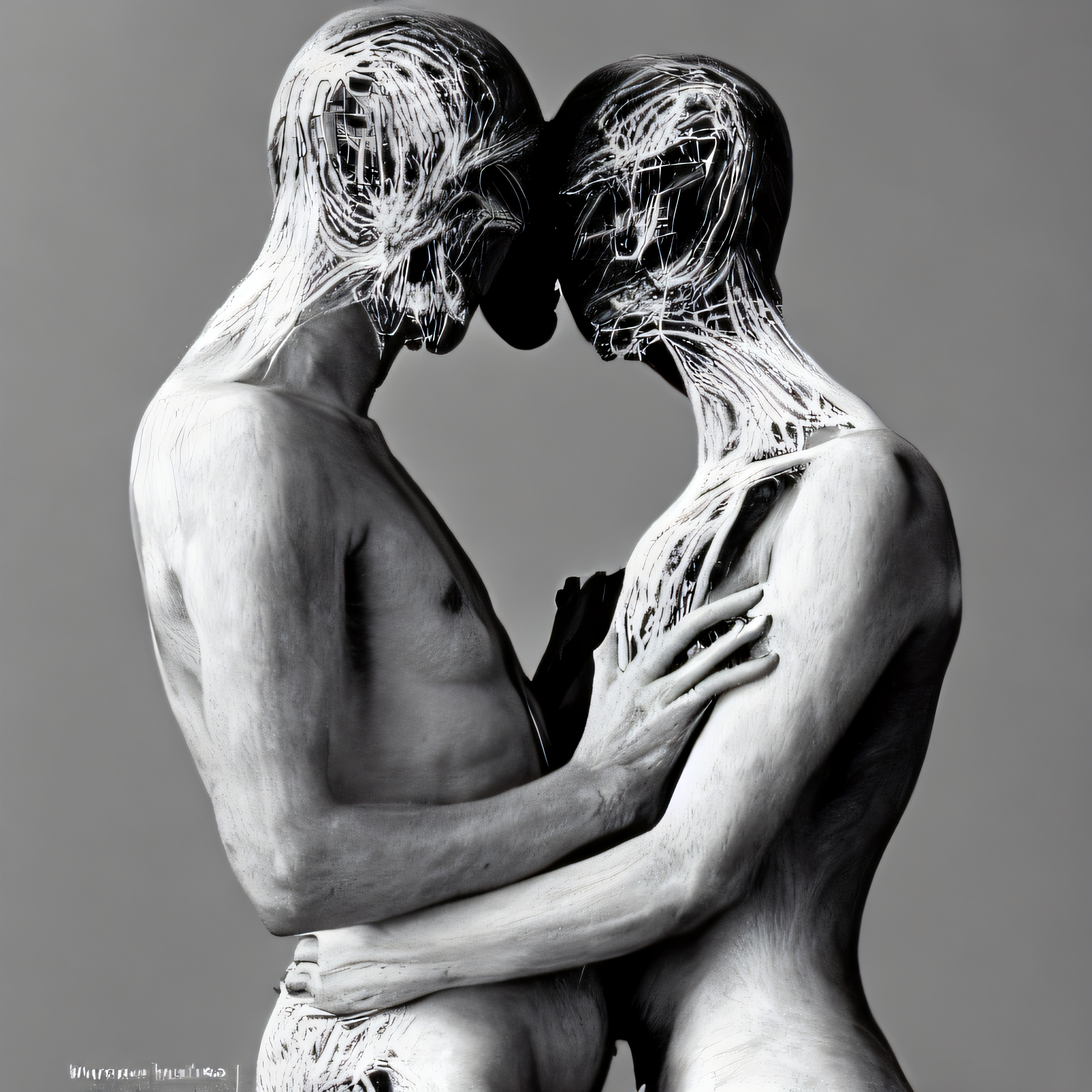 Image of two abstract intertwined figures with visible internal structures on a gray background highlighting connection and intimacy.